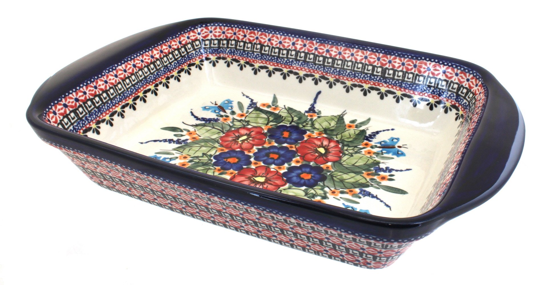 Handmade Blue Rose Polish Pottery Rectangular Baker with Floral Butterfly Design & Sturdy Handles – Perfect for Baking, Serving & Home Decor