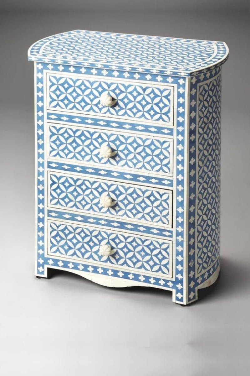 Handmade Blue Bone Inlay Nightstand with Geometric Eye Design - Vintage Side Table for Bedroom, Living Room & Office Decor