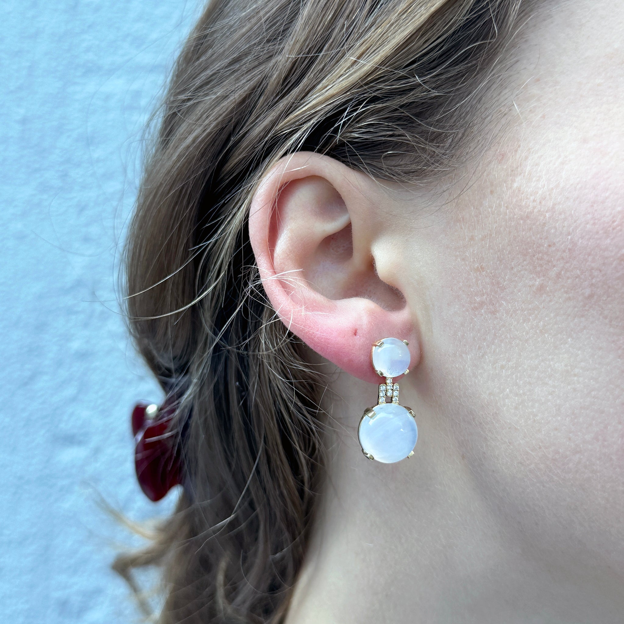 Goshwara 18K Gold Drop Earrings with Cabochon Moon Quartz & Diamonds | Elegant Dangle Earrings for Women | Perfect for Weddings, Parties & Special Occasions