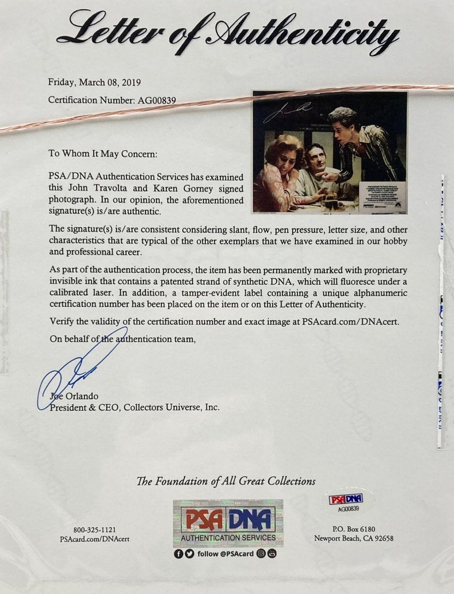 John Travolta & Karen Gorney Autographed Framed 11x14 Photo - Saturday Night Fever Movie Memorabilia - PSA Certified Collectible - Perfect for Film Fans & Home Theater Decor