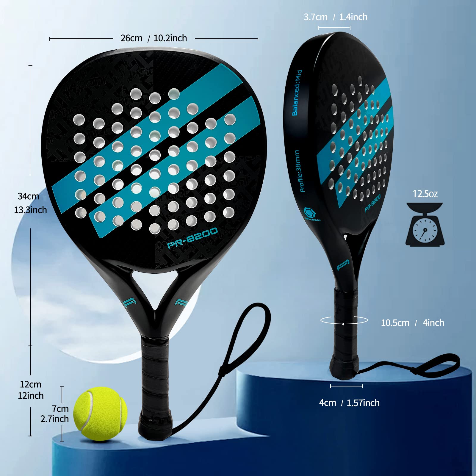 Premium Carbon Fiber Padel Racket with EVA Memory Flex Foam Core - Lightweight Tennis Paddle for Professional & Recreational Play - Ideal for Court Sports & Outdoor Games