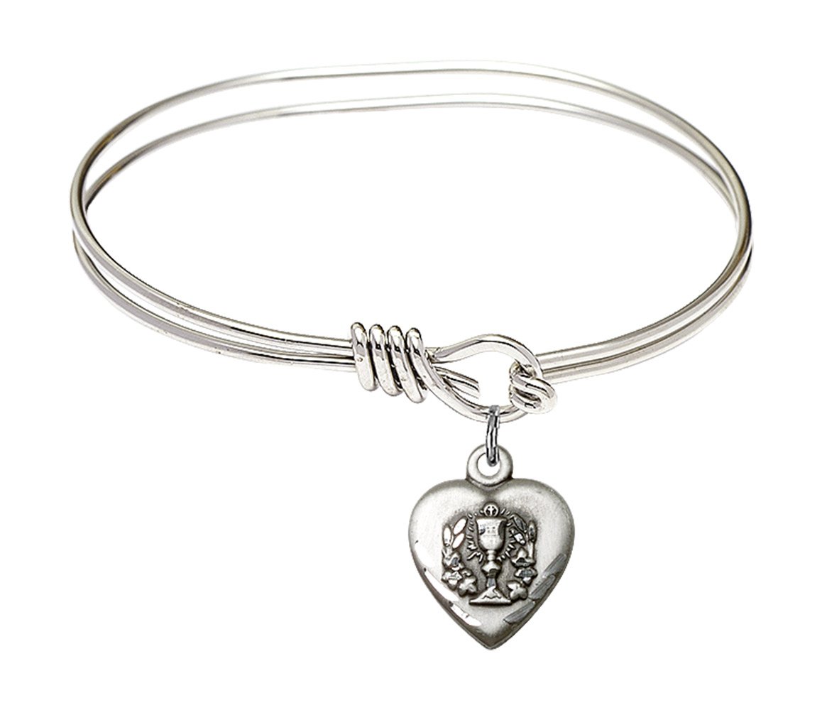Elegant Sterling Silver Oval Eye Hook Bangle Bracelet with Heart Charm - Perfect for Communion, Weddings & Everyday Wear