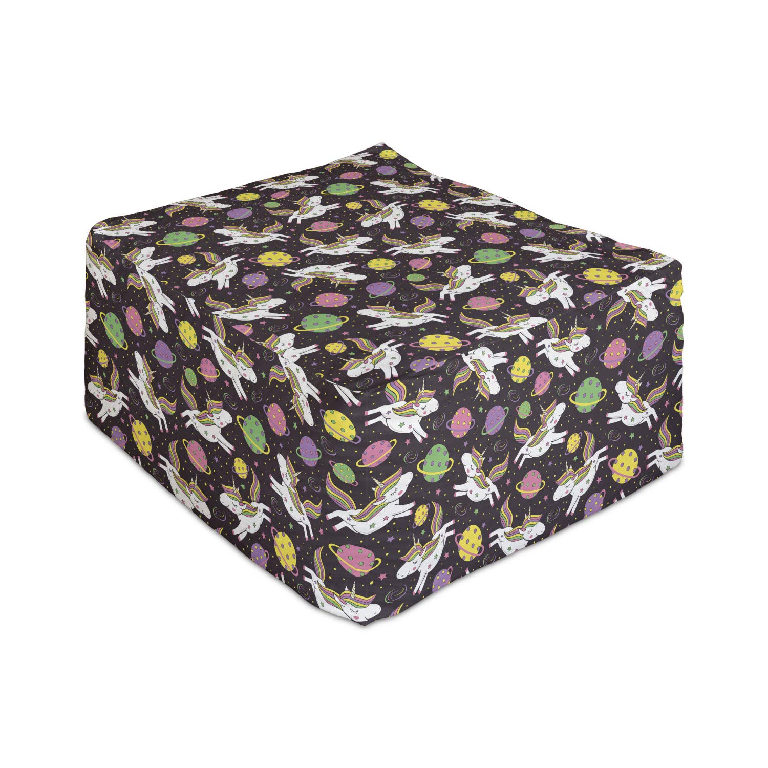 Ambesonne Fantasy World Rectangle Pouf Ottoman - Colorful Unicorn & Galaxy Space Design Foot Rest Stool with Removable Cover, 25 Inch Multicolor - Perfect for Living Room, Office, Bedroom & Dorm Decor