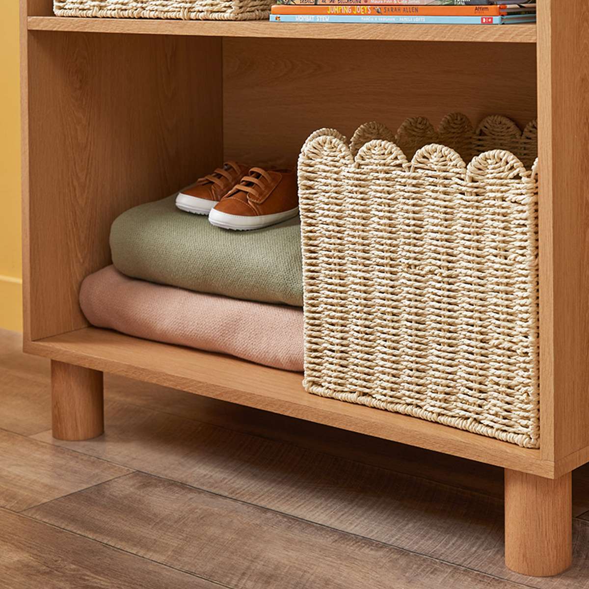 Scalloped Cube Basket - Stylish Woven Storage Bin for Home Organization | Perfect for Shelves, Bathroom, and Nursery Decor