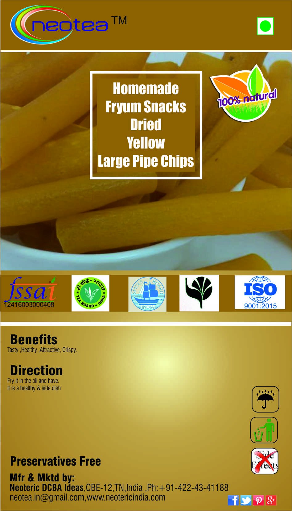 Neotea Homemade Fryum Snacks - Crunchy Dried Yellow Large Pipe Chips, 250g | Perfect for Parties, Movie Nights & Healthy Snacking