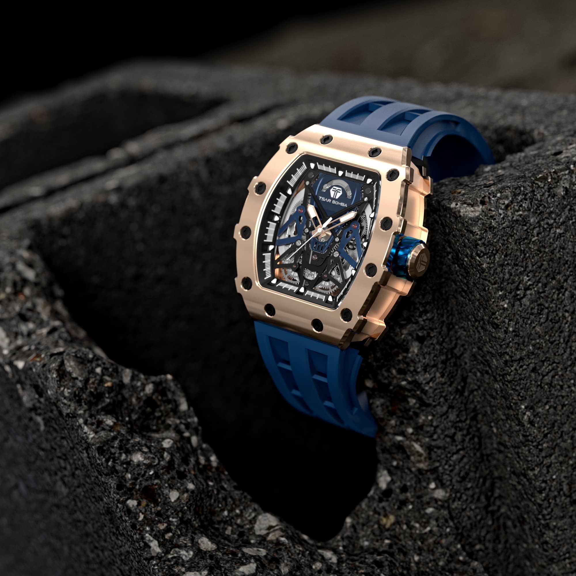 TSAR BOMBA Men's Luxury Automatic Skeleton Watch - Silver Square Big Face with Silicone Strap - 50M Waterproof Analog Wristwatch for Business, Casual & Formal Wear - Unique Cool Gift for Men