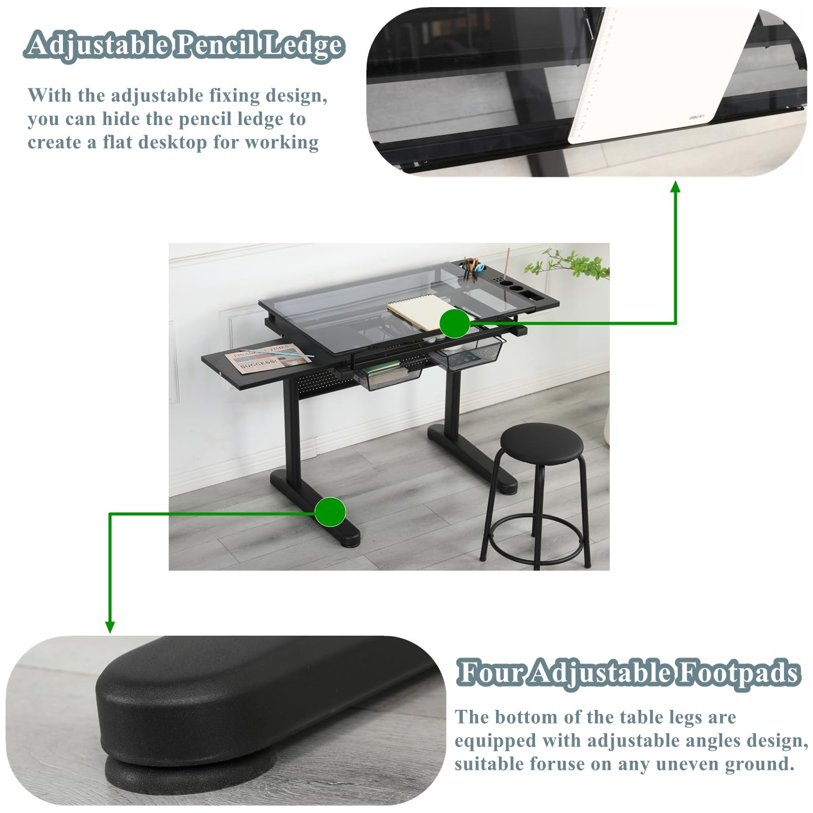 Upgraded Adjustable Height Glass Drafting Table with Hand Crank - Artist Drawing Desk with Stool, Tilting Art Craft Desk, 2 Storage Drawers & Side Table - Perfect for Home Office, Studio & Creative Workspaces - No.2 Black