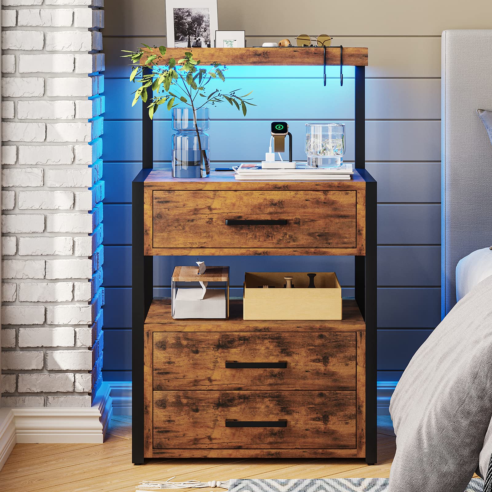 AOGLLATI Nightstand Set of 2 with USB Charging Station & LED Lights, 3-Drawer Bedside Table with Open Shelves, 2 USB Ports & 2 AC Outlets - Rustic Brown Modern Bedside Storage for Bedroom, Living Room & Office Use
