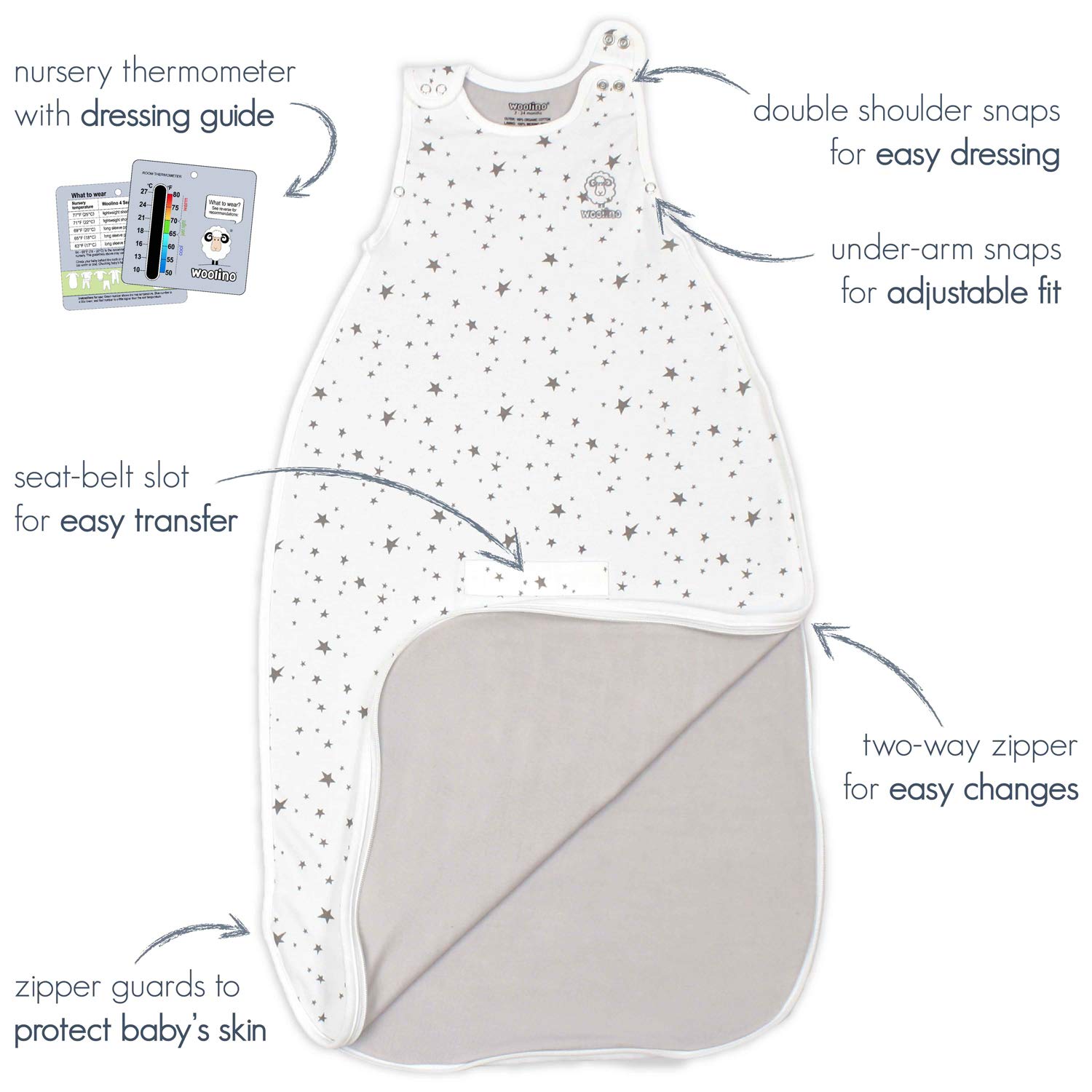 Woolino Merino Wool & Organic Cotton Baby Sleep Sack - 4 Season Adjustable Sleeping Bag with Two-Way Zipper for Infants 2-24 Months (Star Gray) | Perfect for Nursery, Daycare & Travel