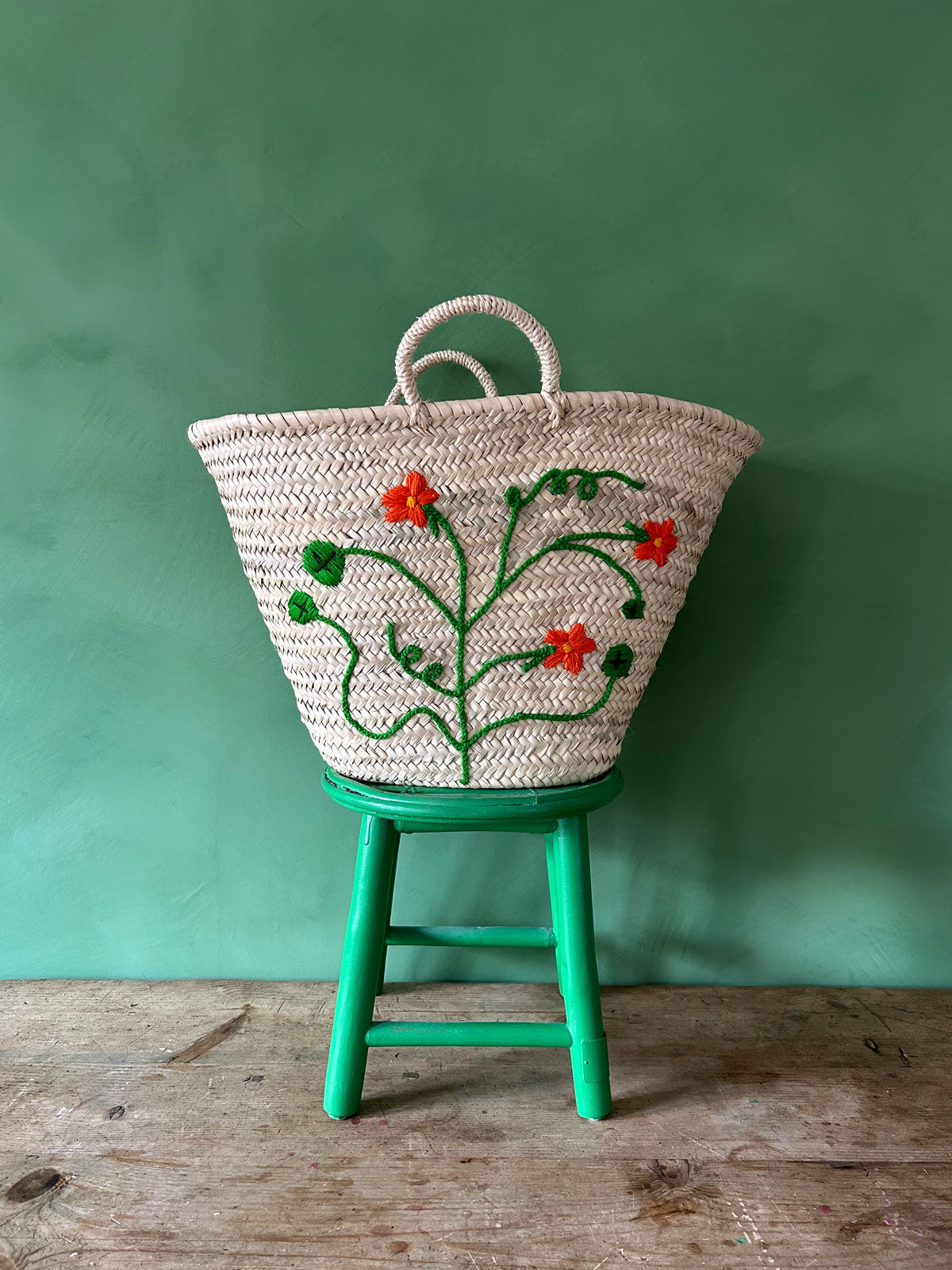 Hand Embroidered Market Basket with Nasturtium Design - Eco-Friendly Cotton Tote for Grocery Shopping, Farmers Market & Beach Outings