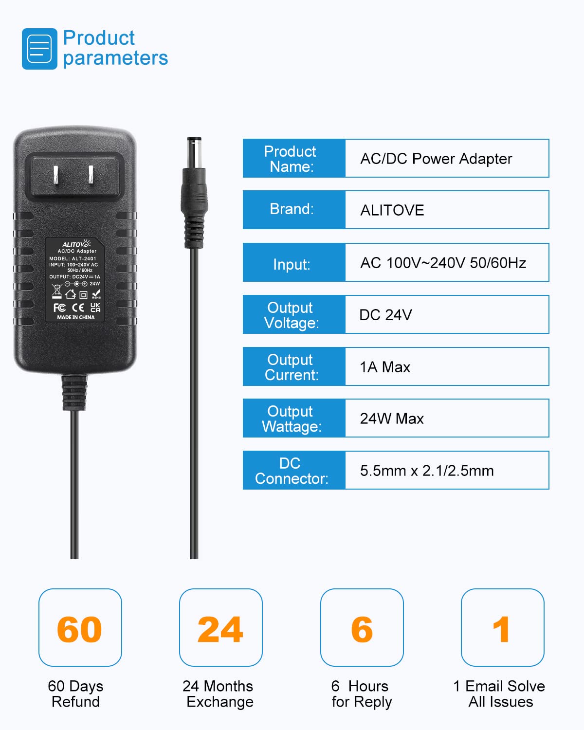 ALITOVE 24V 1A 24W AC/DC Power Adapter - 5.5mm x 2.5mm/2.1mm Tip - Compatible with LED Lights, CCTV Cameras, DC Motors, Water Pumps - 24 Volt Power Supply for Home & Industrial Use (5 Pack)