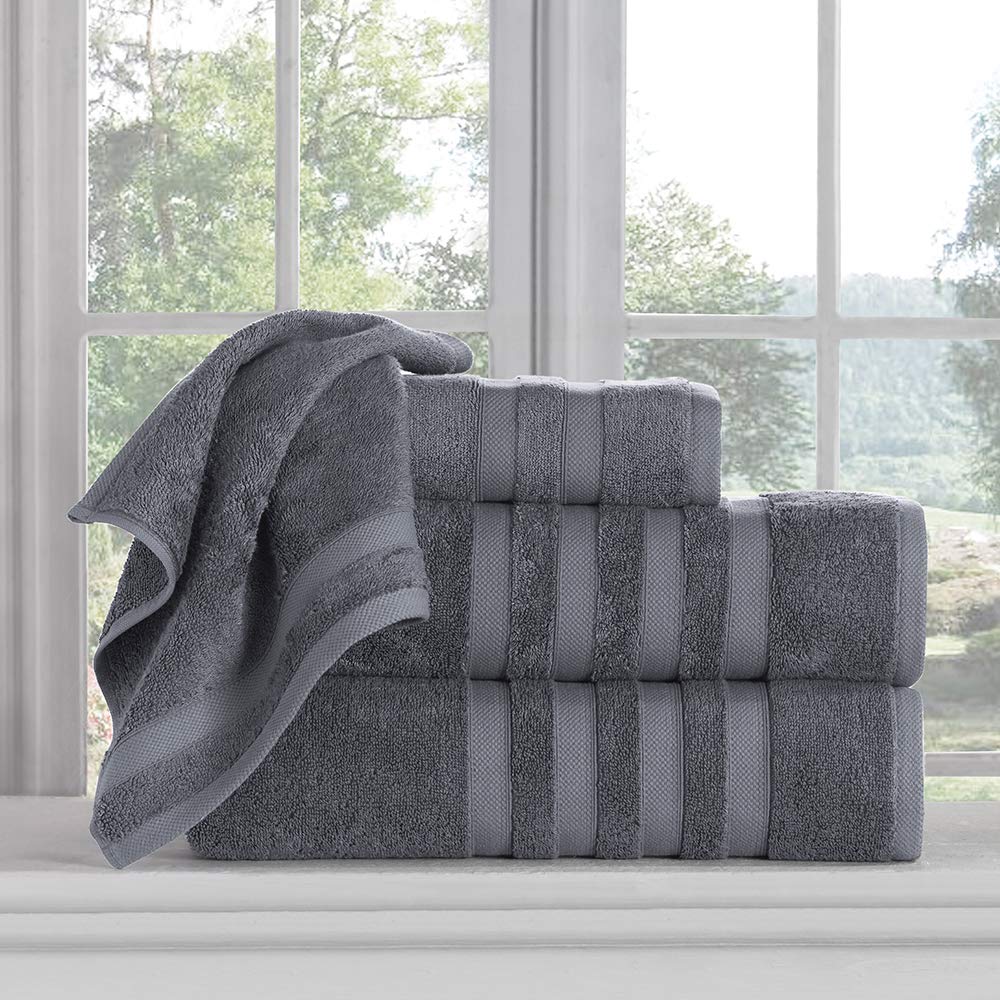 Luxury Italian Silk & Cotton Modal Bath Towel Set - 4 Piece Quick Dry Highly Absorbent Bathroom Towels (2 Bath Towels, 1 Hand Towel, 1 Washcloth) - Ultra Soft & Comfy for Spa, Hotel & Home Use - Grey