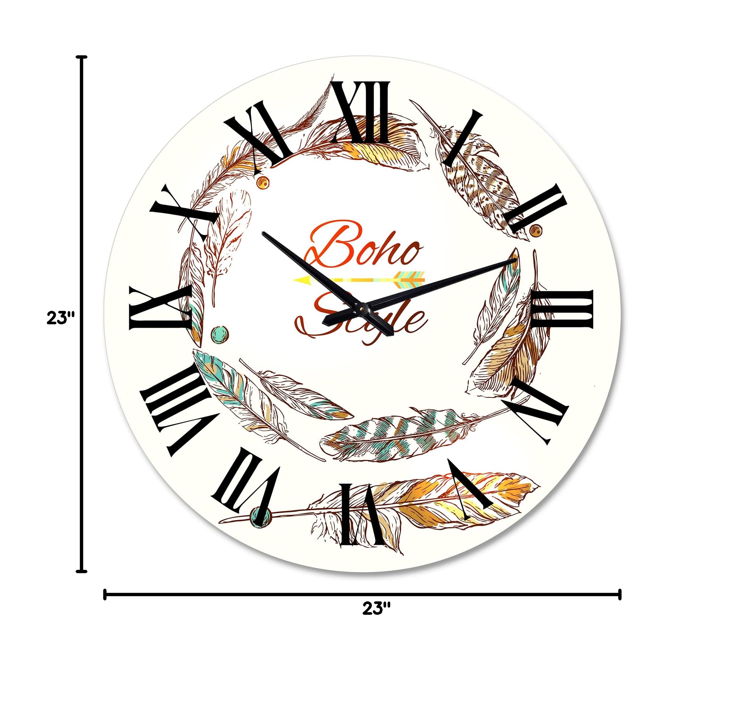 Bohemian Wall Clock - Large Ethnic Beige Boho Feather Design for Living Room, Bedroom & Office Decor | Unique Eclectic Home Wall Art