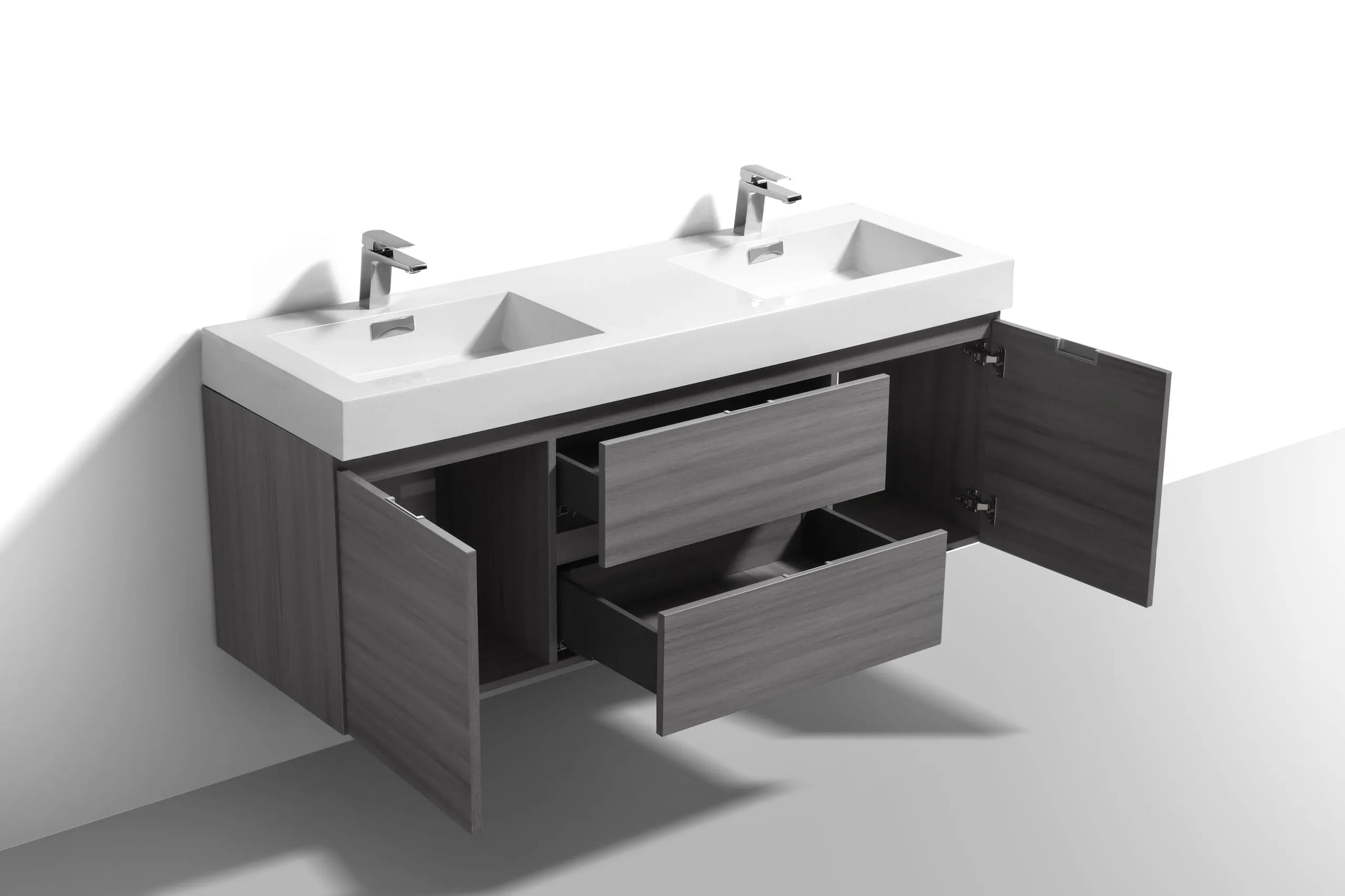BSL60 Vulcan Ash Grey Double Sink Wall Mount Bathroom Vanity - Modern Space Saving Design for Small Bathrooms & Powder Rooms