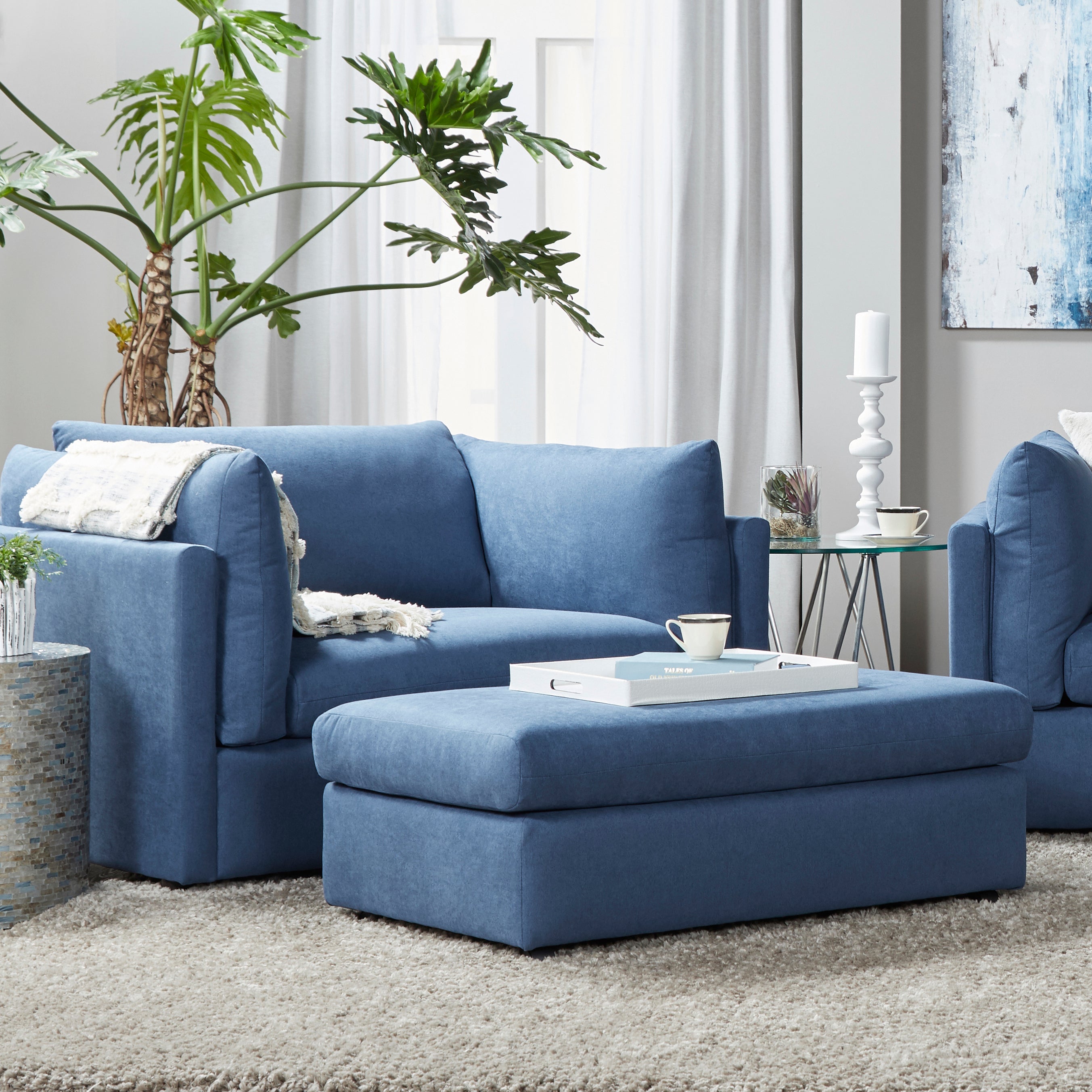 Roundhill Furniture Enda Pillow Back Fabric Sofa and Cuddler Chair Set - Navy Blue Living Room Collection for Cozy Family Gatherings & Relaxation
