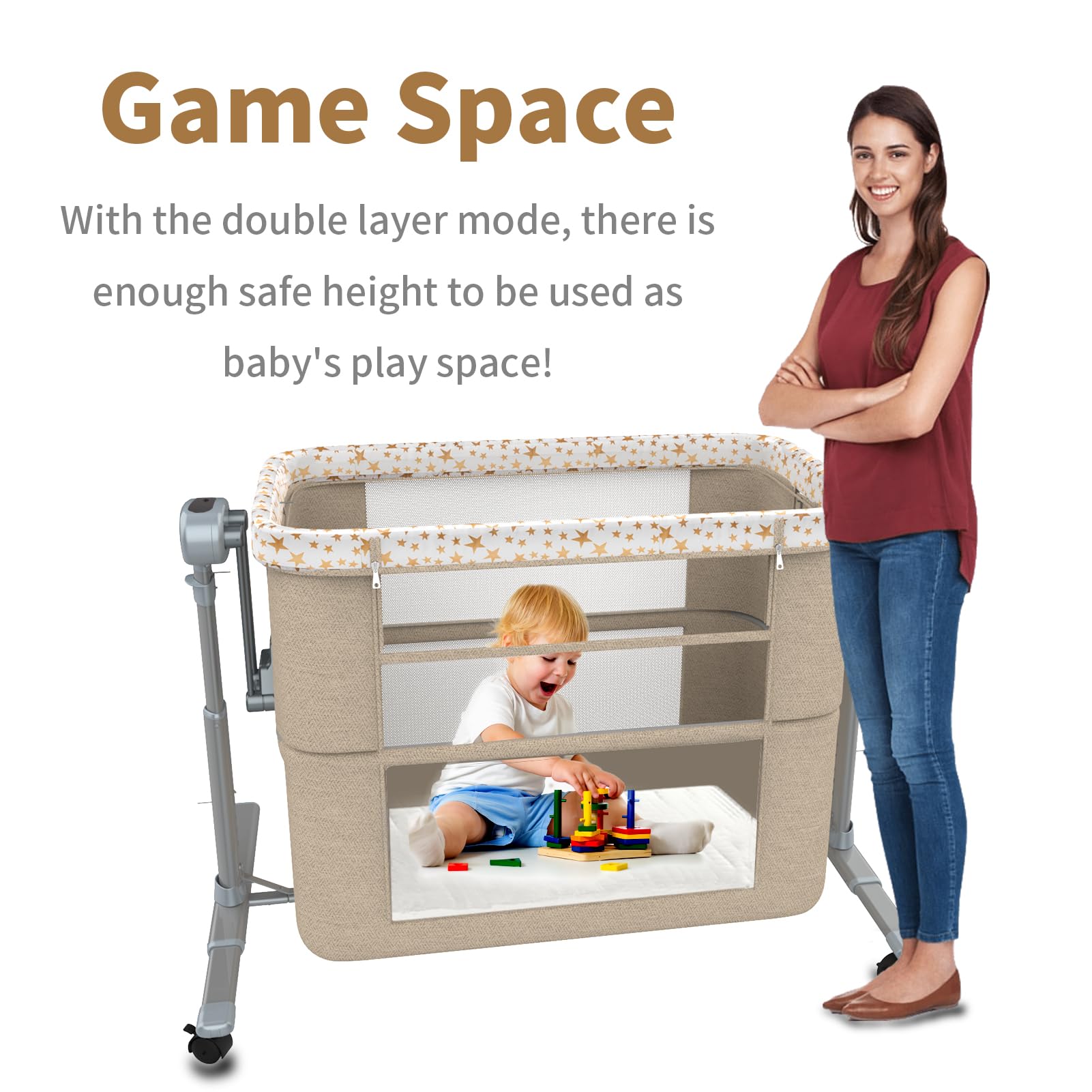 Electric Rocking Bassinet for Baby - 6-in-1 Portable Bedside Sleeper with Remote Control, 3-Speed Swing & Wheels - Newborn Crib for Co-Sleeping (Khaki) | Perfect for Nursery, Bedroom & Travel Use