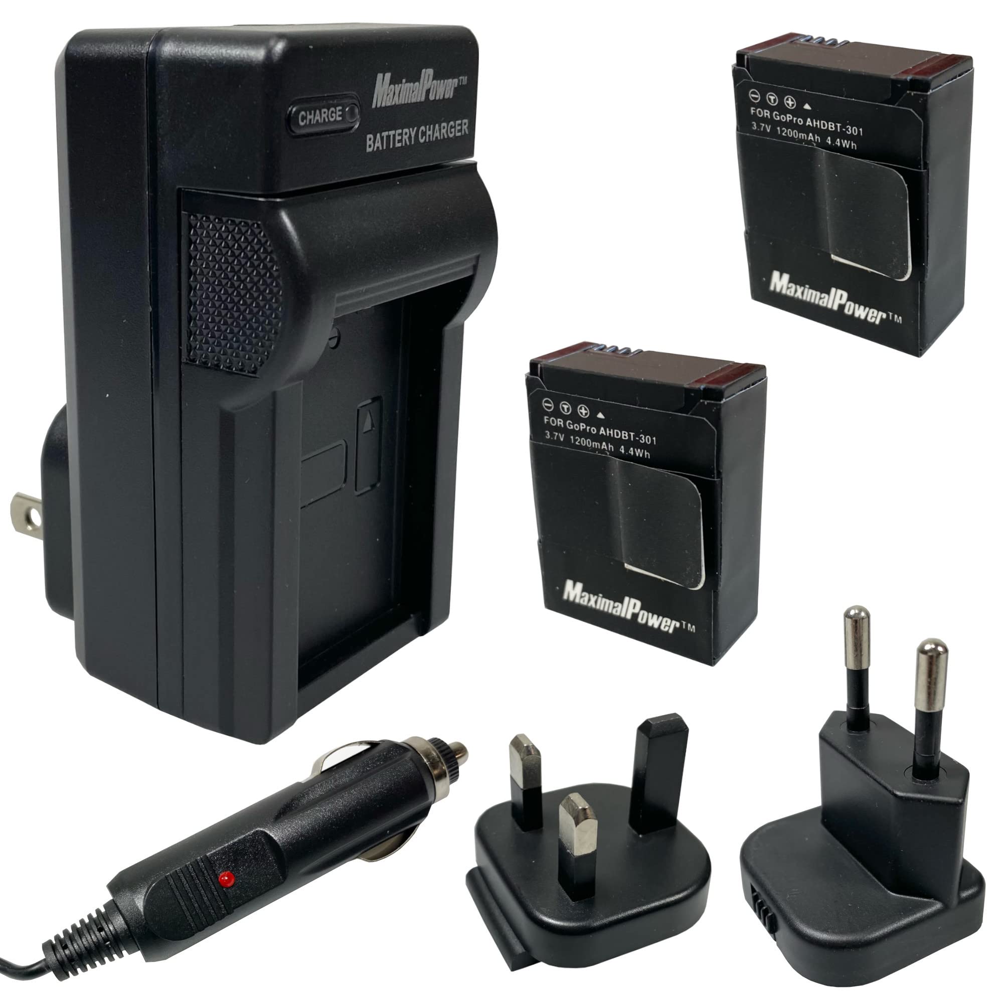 MaximalPower 2-Pack Replacement Battery with Charger Set for GoPro HERO 3, 3+, 4 Black - Includes DC Car Charger | Extended Power for Adventure Sports, Travel & Outdoor Activities
