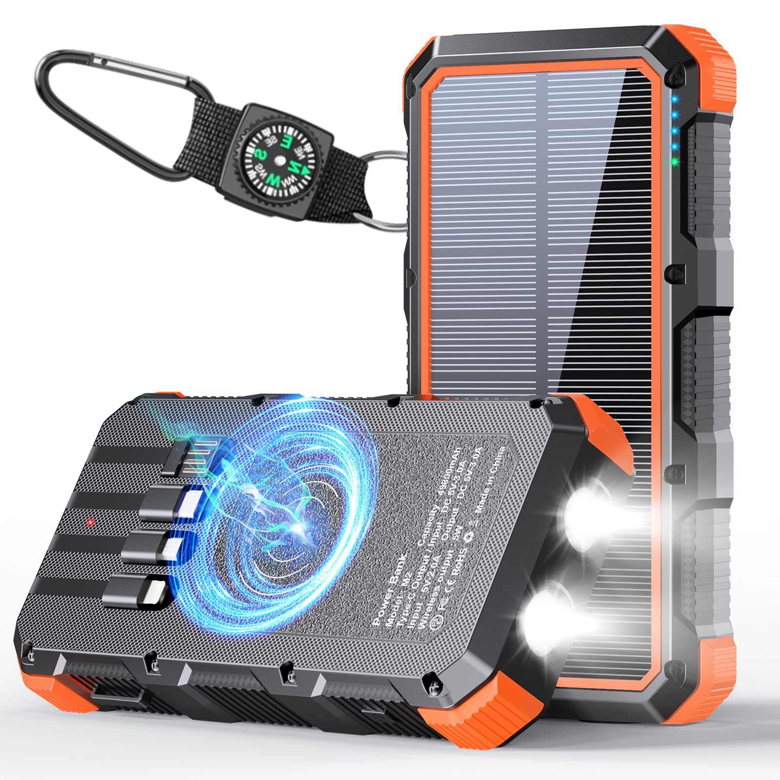 **49800mAh Solar Power Bank with Wireless & QC 3.0 Fast Charging - 8 Outputs, 4 Inputs, SOS Flashlight - Portable Charger for iPhone, Android, Tablets - Perfect for Camping, Hiking & Emergency Power (Orange)**