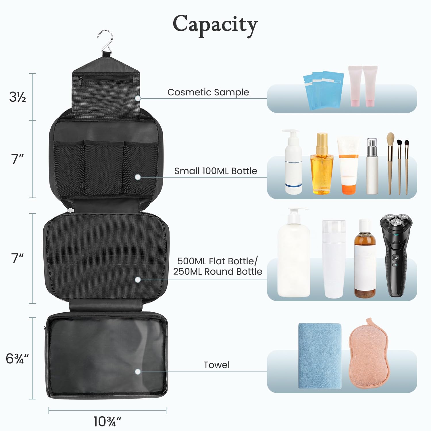 Premium Travel Toiletry Bag for Men & Women - Large Hanging Cosmetic Organizer with 4 Waterproof Compartments | Ideal for Bathroom, Shower & Vacation Essentials (Black) | Perfect for Business Trips, Gym & Camping