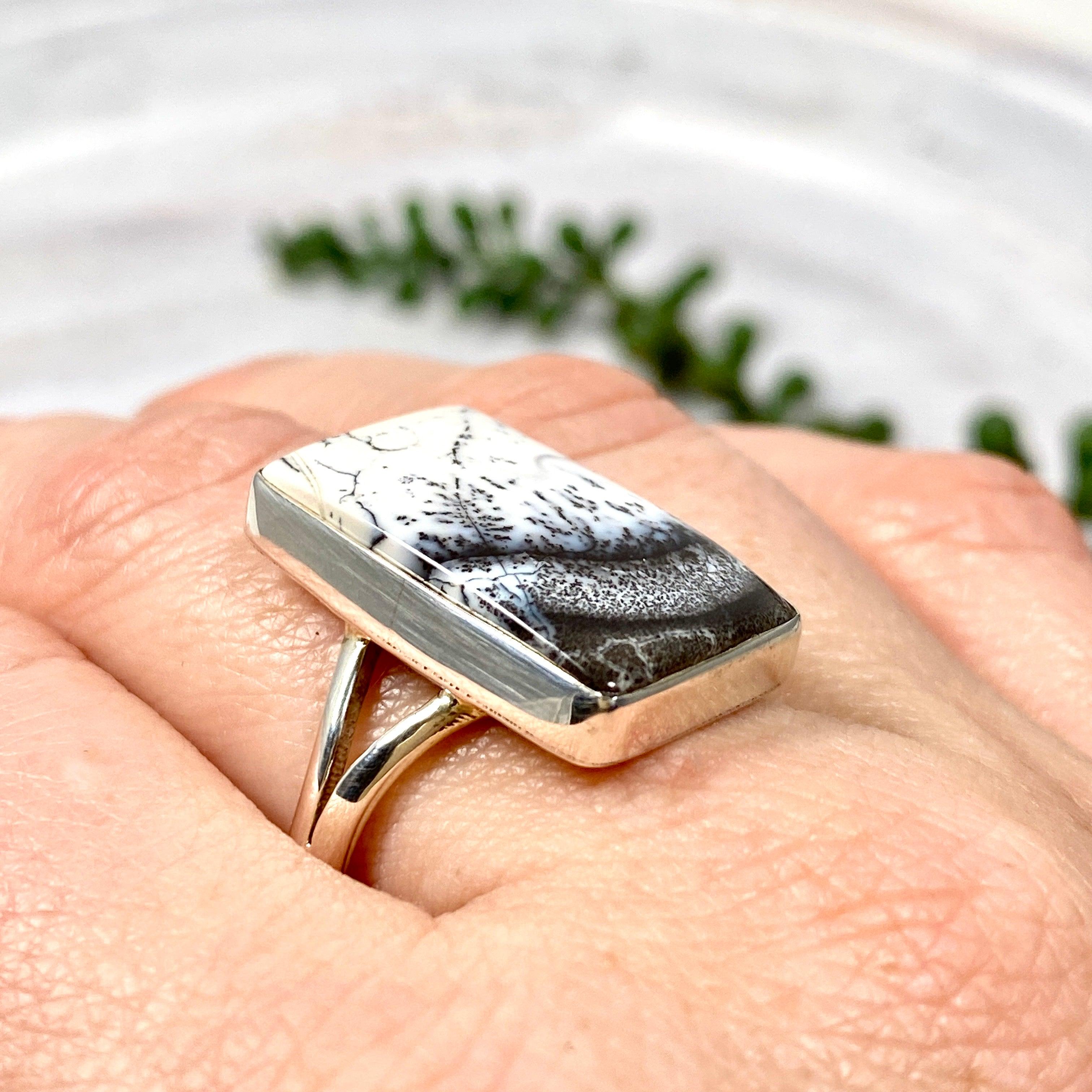 Dendritic Opal Rectangular Ring for Women - Size 10 - KRGJ2294 - Elegant Silver Jewelry for Everyday Wear, Special Occasions & Gift Giving