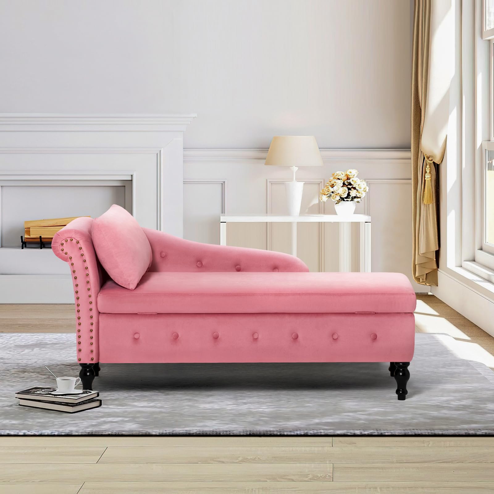 Velvet Upholstered Chaise Lounge with Left Armrest & Storage Space, Button Tufted Modern Lounge Chair with Lumbar Pillow - Pink Accent Furniture for Bedroom, Living Room & Office - Perfect for Relaxing, Reading or Napping