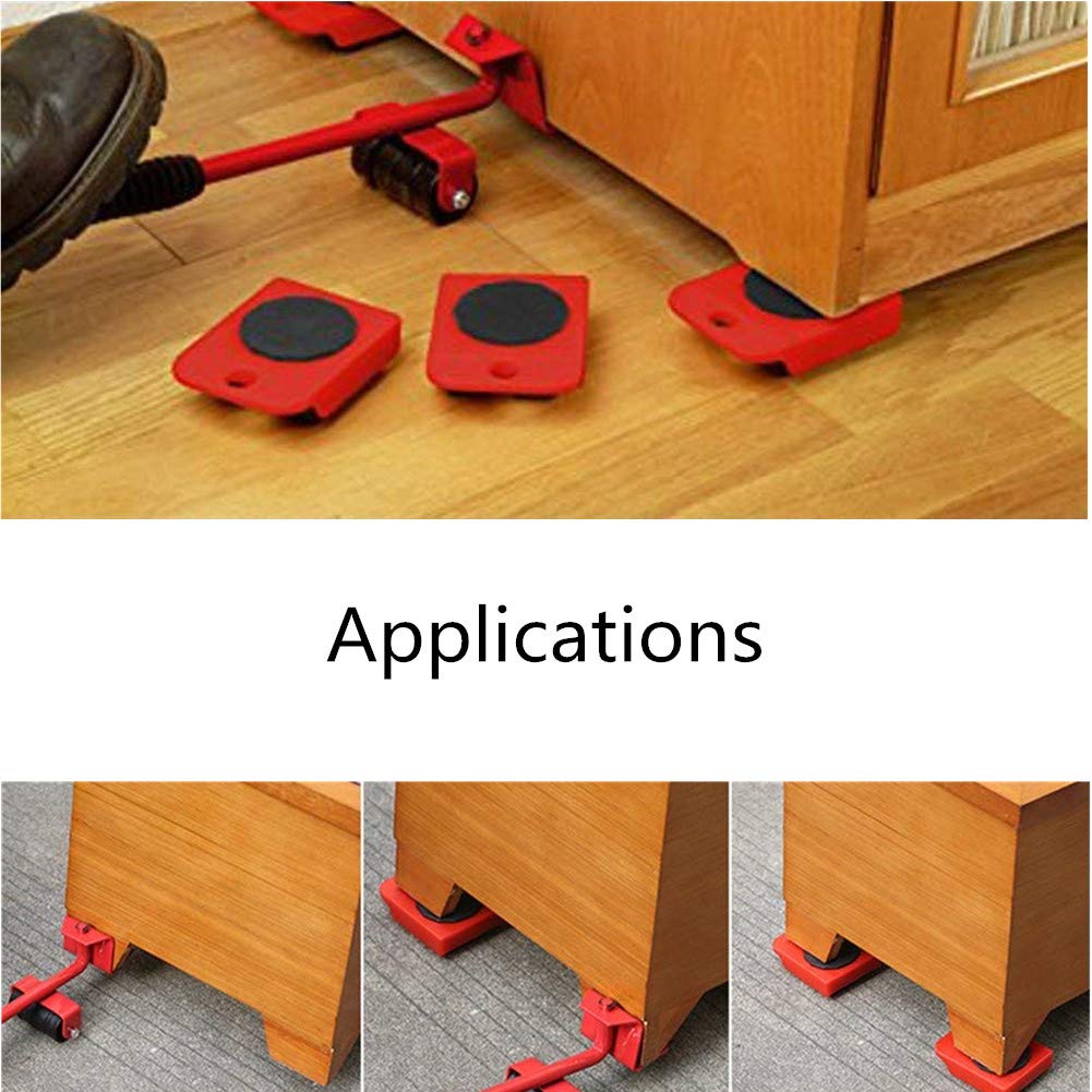 Heavy Duty Furniture Lifter Set - 1 Lifting Rod & 4 Moving Rollers for Appliances, Couches, Beds - Durable Home & Office Moving Tools (Red) - Perfect for Moving Heavy Furniture on Hardwood & Carpet Floors