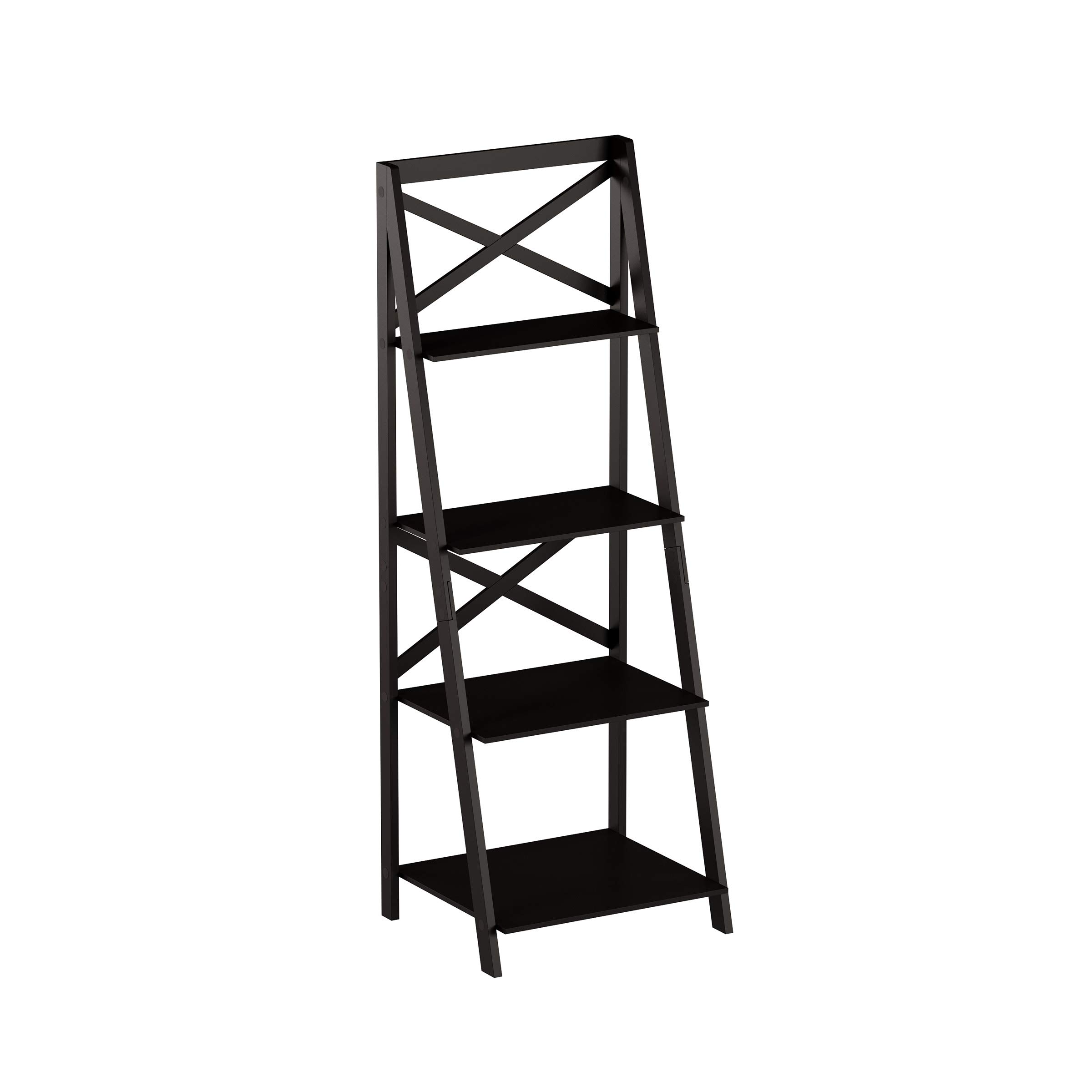 Lavish Home 4-Tier Ladder Bookshelf - Sturdy Freestanding Bookcase with X-Back Design, Space-Saving Leaning Shelf for Living Room, Bedroom or Office Decor (Black) - Perfect for Displaying Books, Plants & Decorative Items
