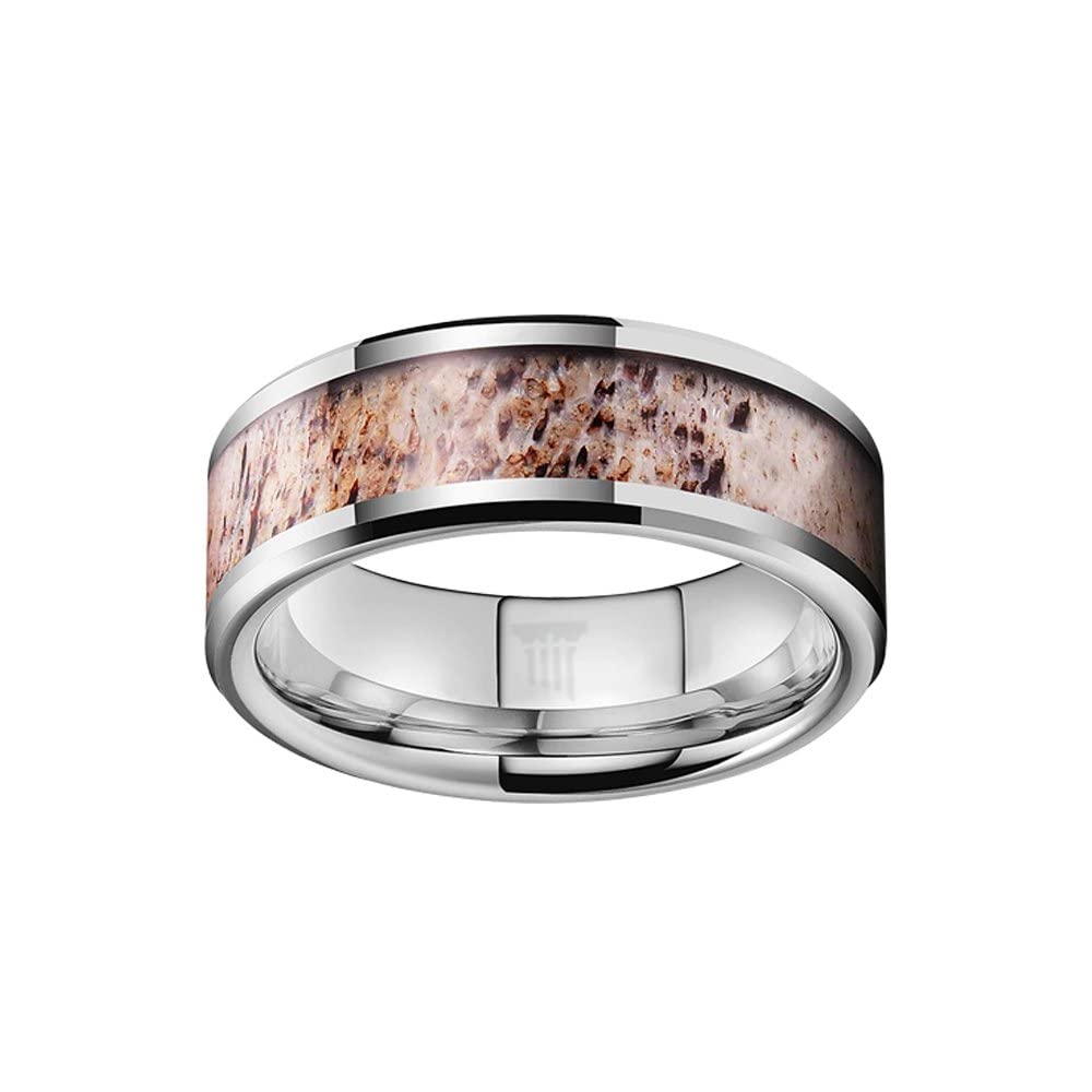 Deer Antler Rings for Men - Silver Tungsten Wedding Band with Stag Bone Inlay, 8mm Comfort Fit, Polished Beveled Edges - Perfect Hunting Gift & Outdoor Wedding Jewelry for Nature Lovers