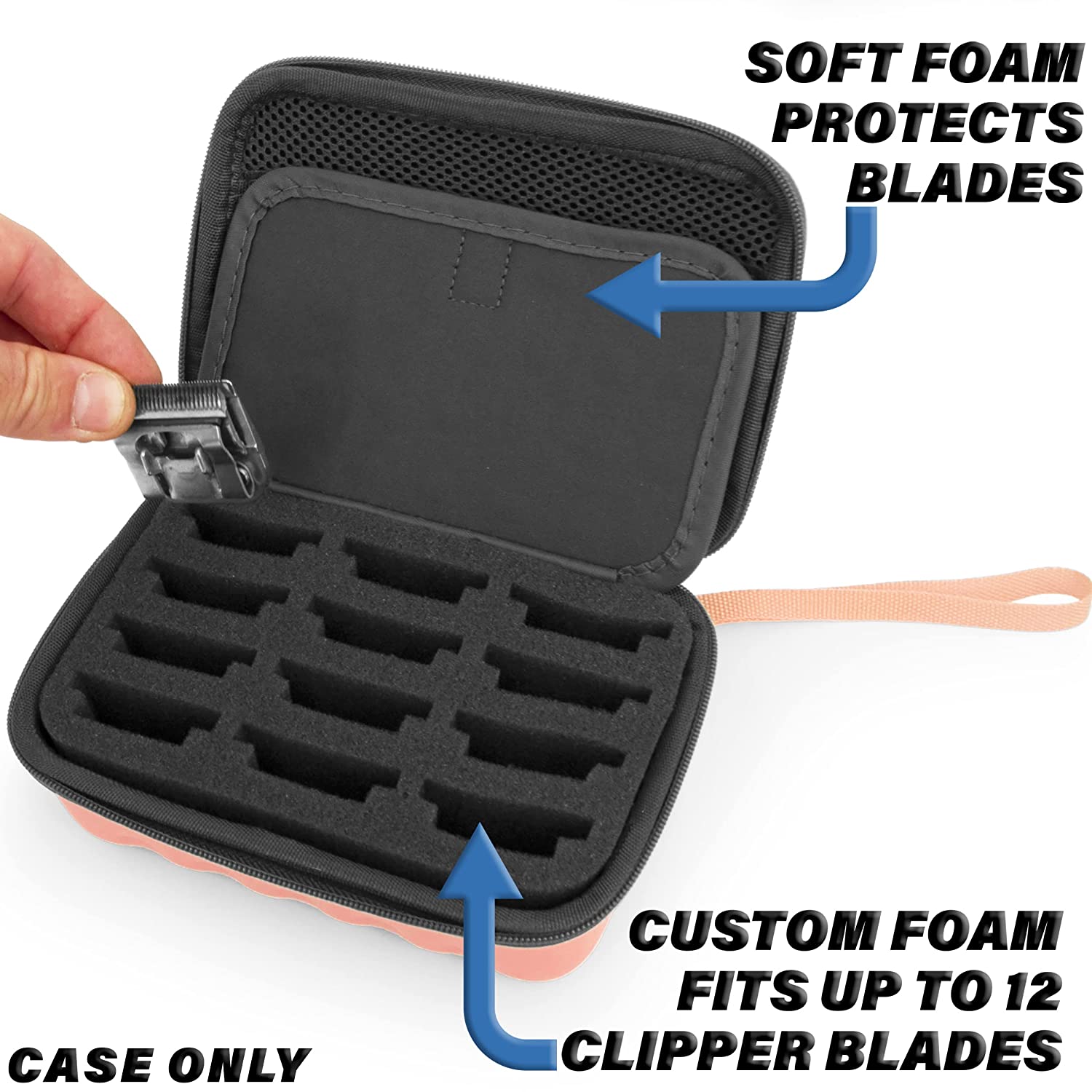 CASEMATIX Rose Gold Clipper Blade Holder Case for 12 Blades - Protective Barber Blade Storage Organizer with Foam Insert | Perfect for Salon, Barber Shop & Home Hair Cutting Tools Organization