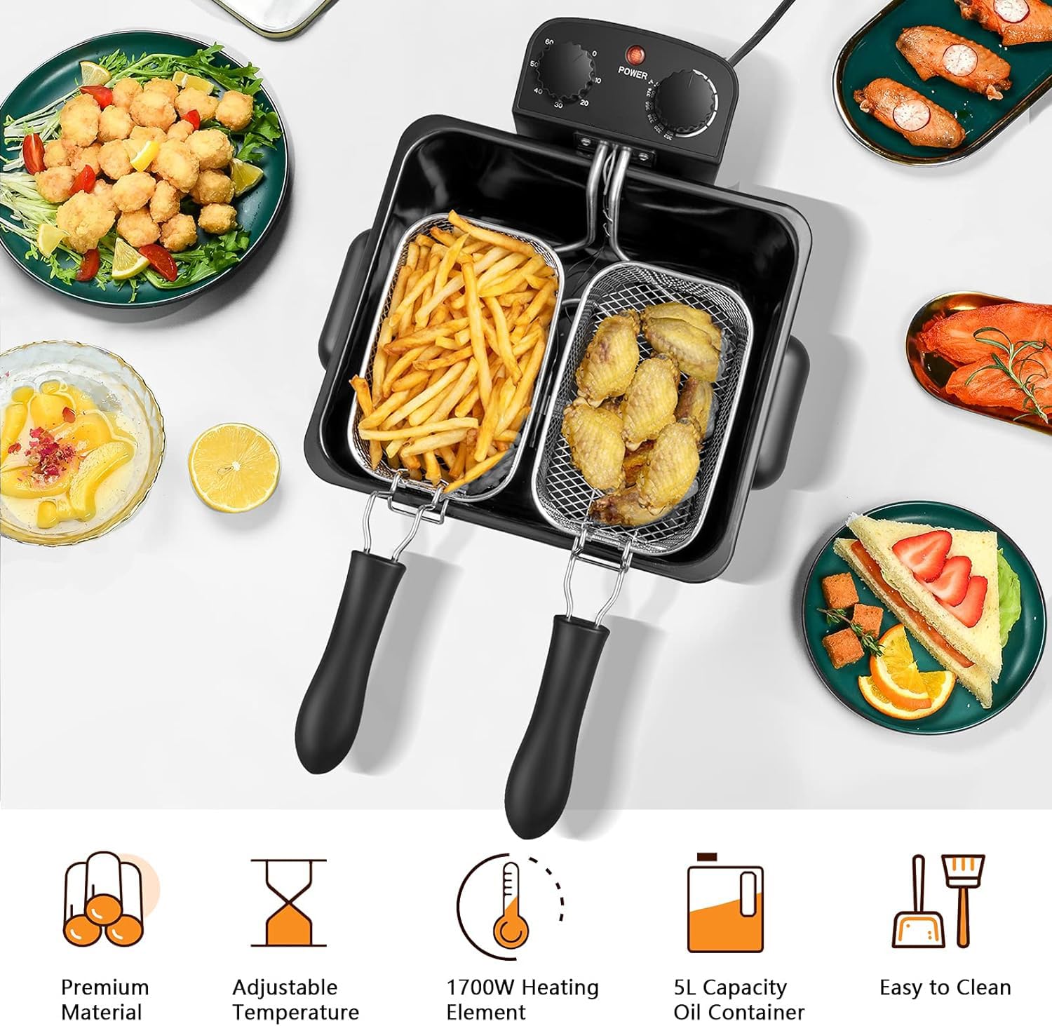 ARLIME 5.3 Qt/5L Electric Deep Fryer with 2 Baskets - Adjustable Temperature & Timer, Removable Oil Container & View Window Lid - Stainless Steel Home Kitchen Appliance for Frying Chicken, Fish, French Fries & Donuts - Perfect for Family Gatherings & Restaurant-Style Cooking