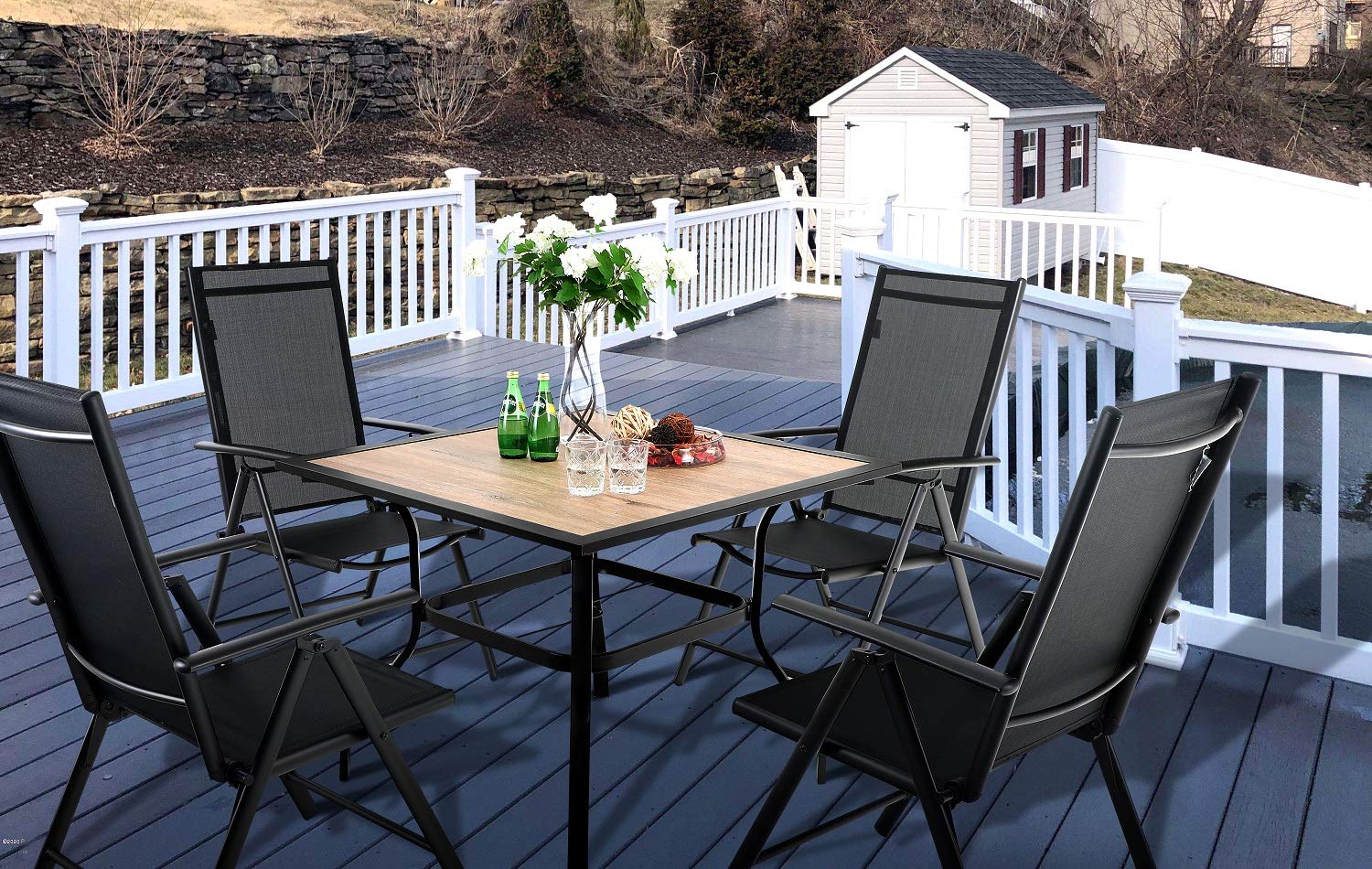 Sophia & William 5-Piece Outdoor Dining Set - 4 Adjustable Foldable Textilene Sling Chairs & 1 Square Table with Wood-Like Table Top & Umbrella Hole - Black Patio Furniture for Backyard, Garden, Poolside or Deck