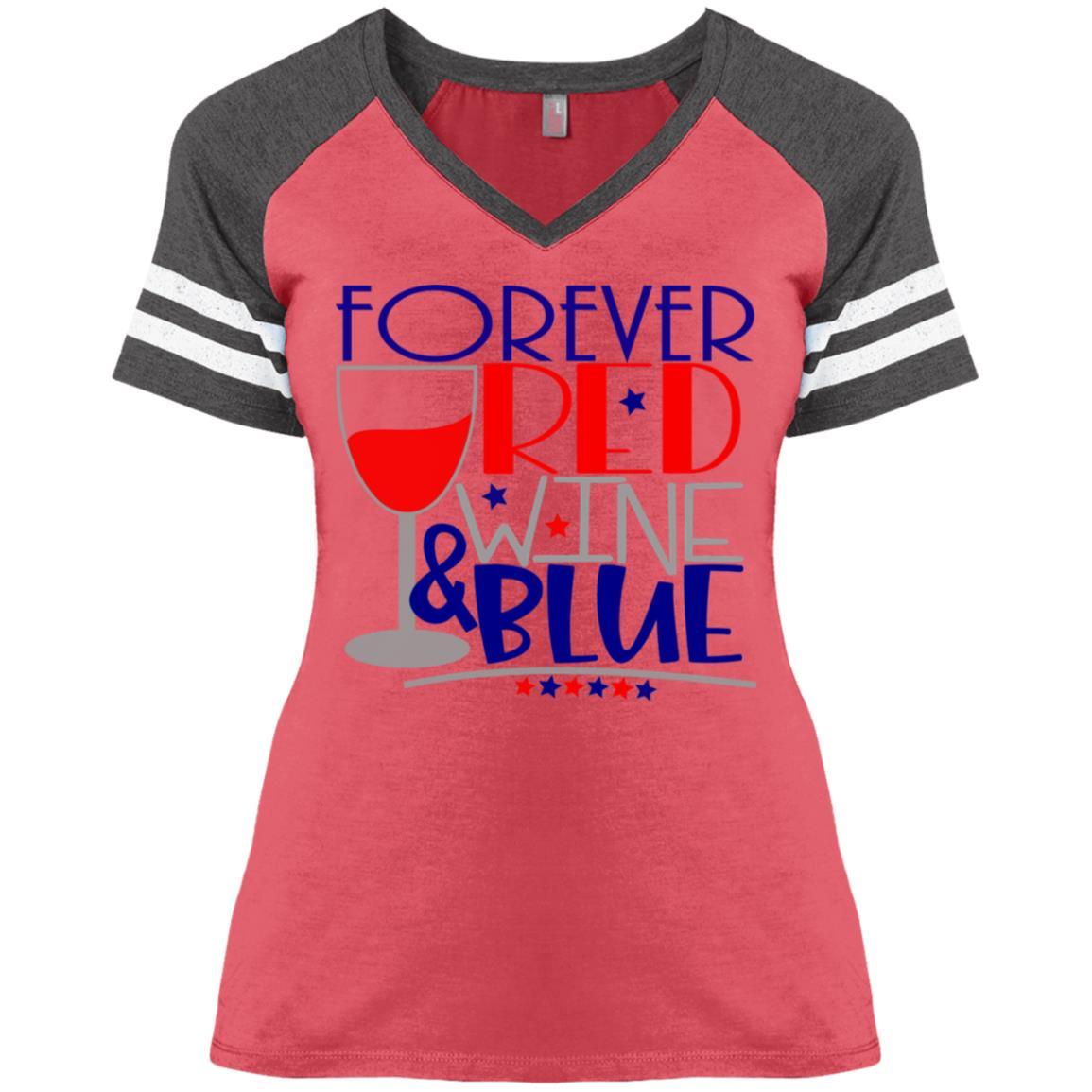 Forever Red Wine & Blue Ladies' Game V-Neck T-Shirt - Patriotic Women's Casual Tee for 4th of July, BBQ Parties & Girls Night Out
