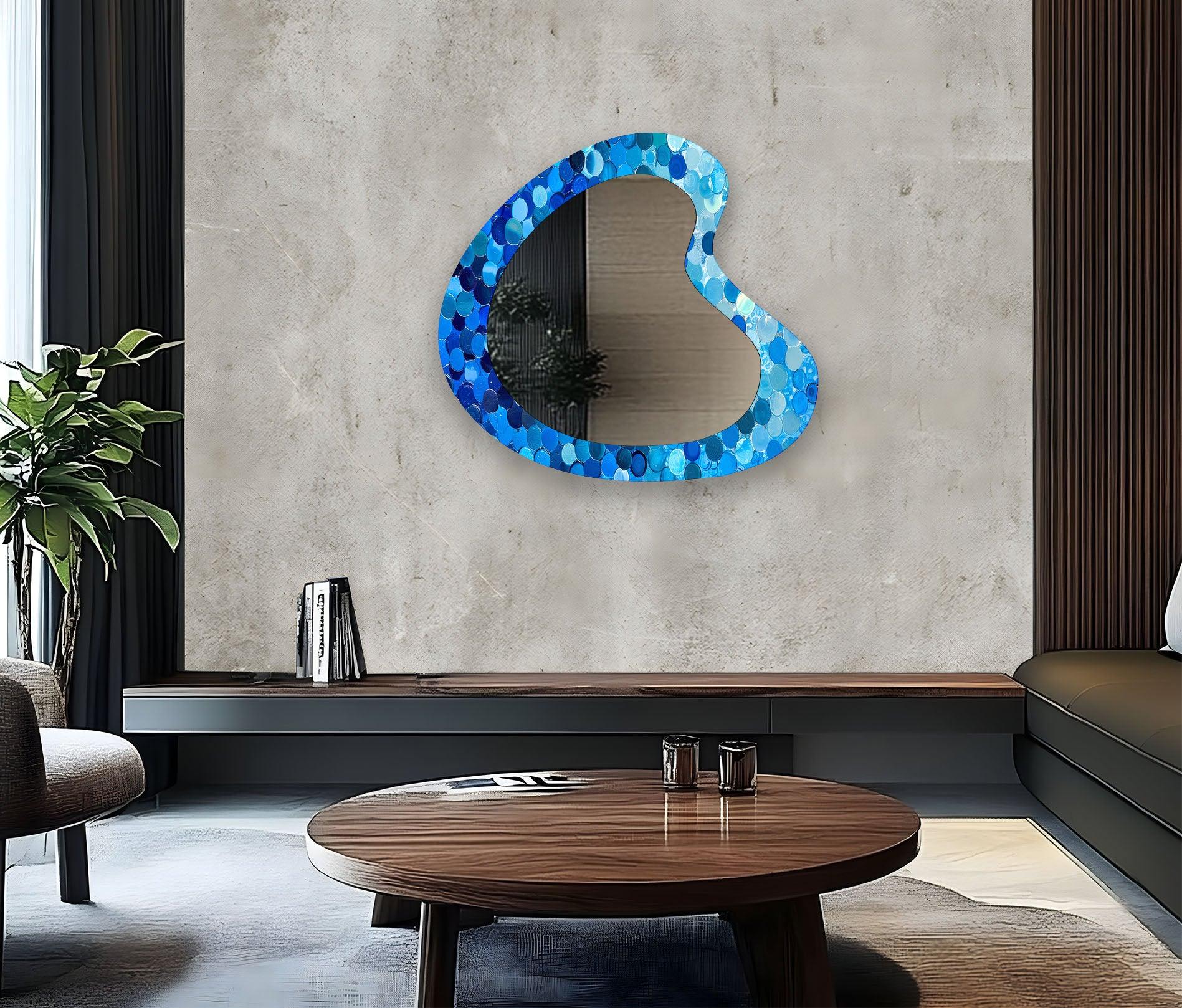 Blue Bubbles Decorative Glass Wall Mirror - Elegant Round Bathroom Vanity Mirror for Bedroom & Living Room Decor