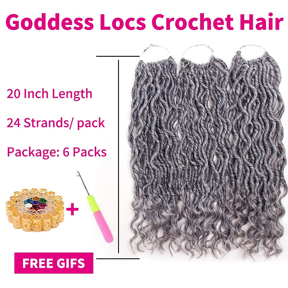 6 Packs Goddess Locs Crochet Hair - Wavy Curly Grey Synthetic Hair Extensions for Faux Locs & Braiding - 20