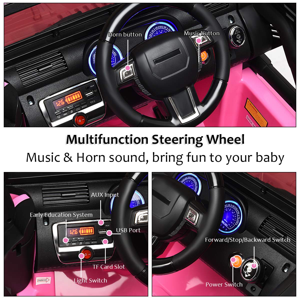 Costzon 12V Electric Ride On Truck for Kids - Battery Powered, Parental Remote Control, LED Lights, Double Doors, Safety Belt, Music & MP3 Player, Spring Suspension - Pink Kids Car for Outdoor & Indoor Play