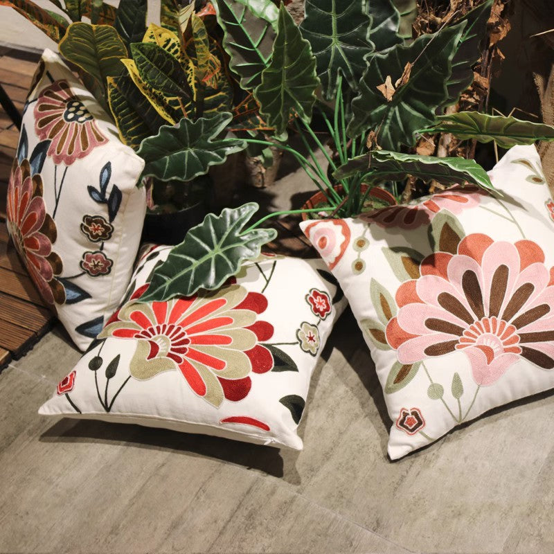 Farmhouse Style Embroidered Floral Cotton Throw Pillow Covers - Decorative Sofa Cushions for Living Room, Bedroom & Outdoor Use - Soft Flower Pillow Cases for Couch, Chair and Home Decor