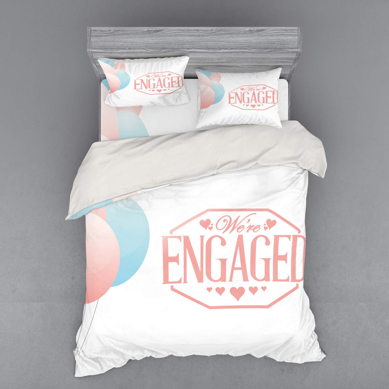 Ambesonne Engagement Party Duvet Cover Set - 'We Are Engaged' Celebration Design with Balloons & Hearts - 4-Piece Queen Size Bedding Set with Shams & Fitted Sheet - Pale Pink & Blue - Perfect for Engagement Parties, Bridal Showers & Newlywed Couples