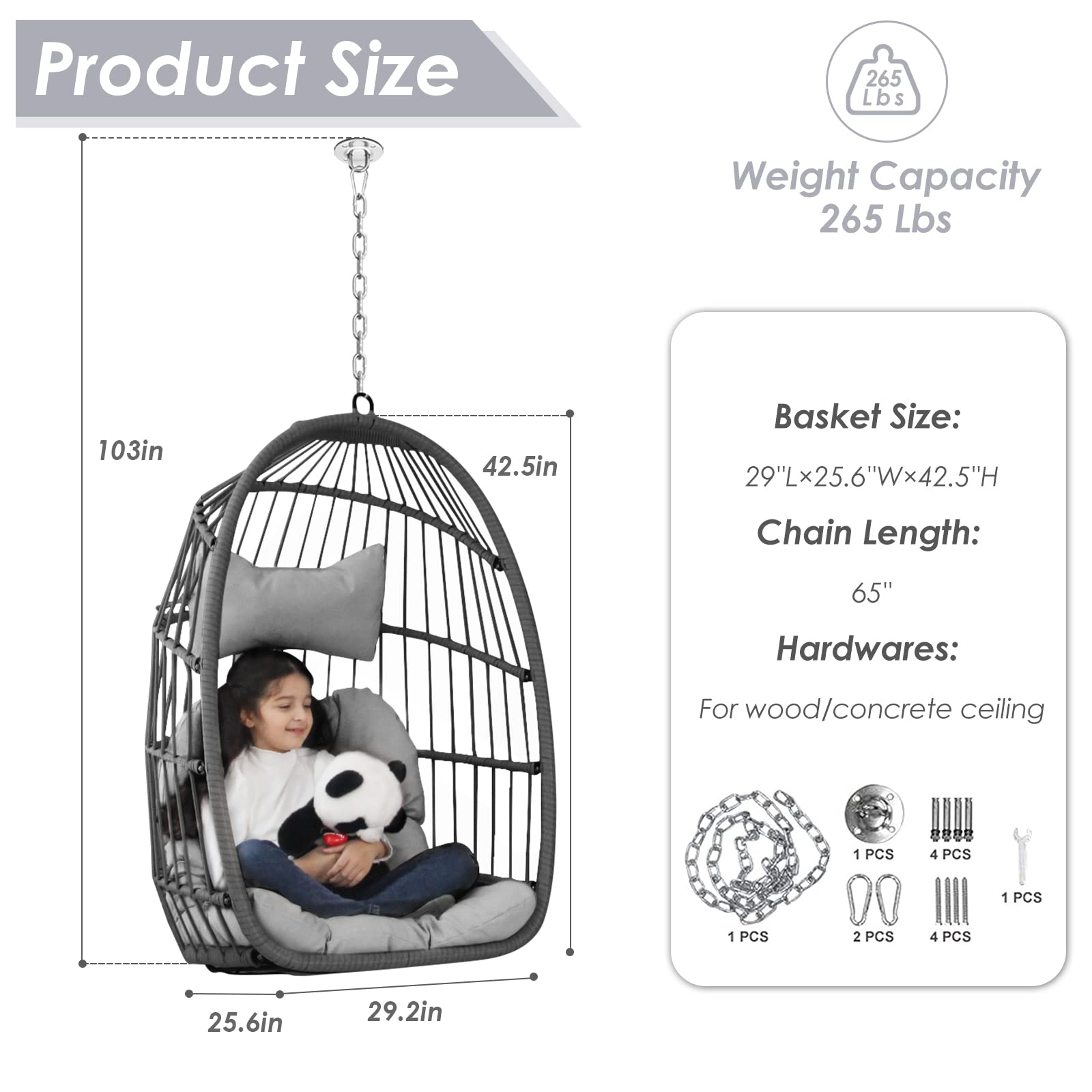 UV Resistant Hanging Egg Chair - 265 lbs Capacity Swing Hammock with Cushion for Indoor & Outdoor Use in Bedroom, Living Room, Patio, Backyard, Balcony (Light Grey) - Perfect for Relaxing, Reading & Lounging