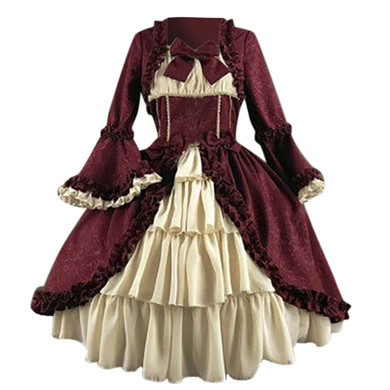 Women's Gothic Vintage Renaissance Formal Evening Gown - Long Sleeve Square Neck Midi Dress for Fall & Summer | Perfect for Halloween, Cosplay, and Medieval-Themed Events