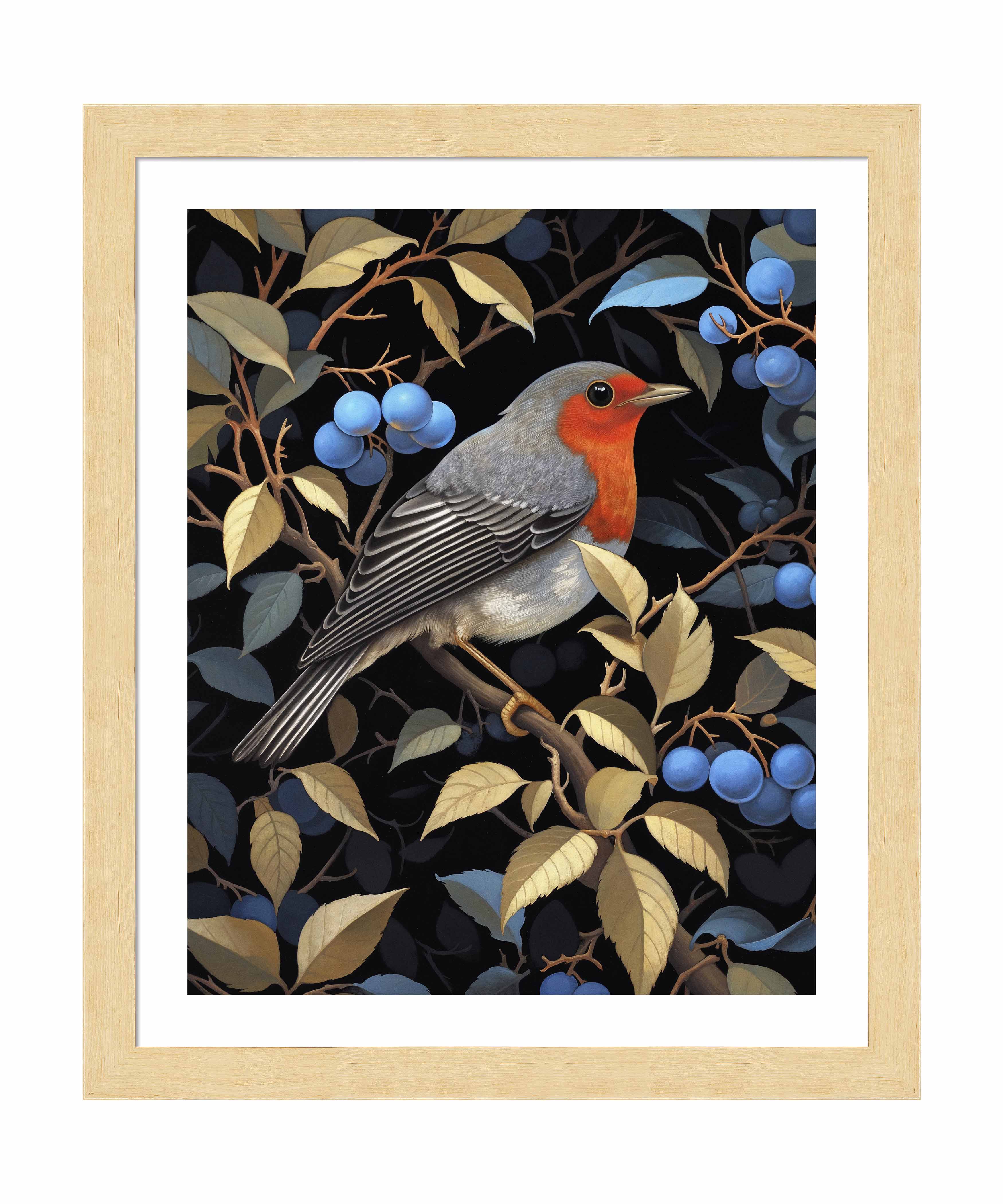 Crimson Song Robin Among Blueberries Wall Art Print - Beautiful Bird Painting for Home Decor, Living Room, Bedroom & Office