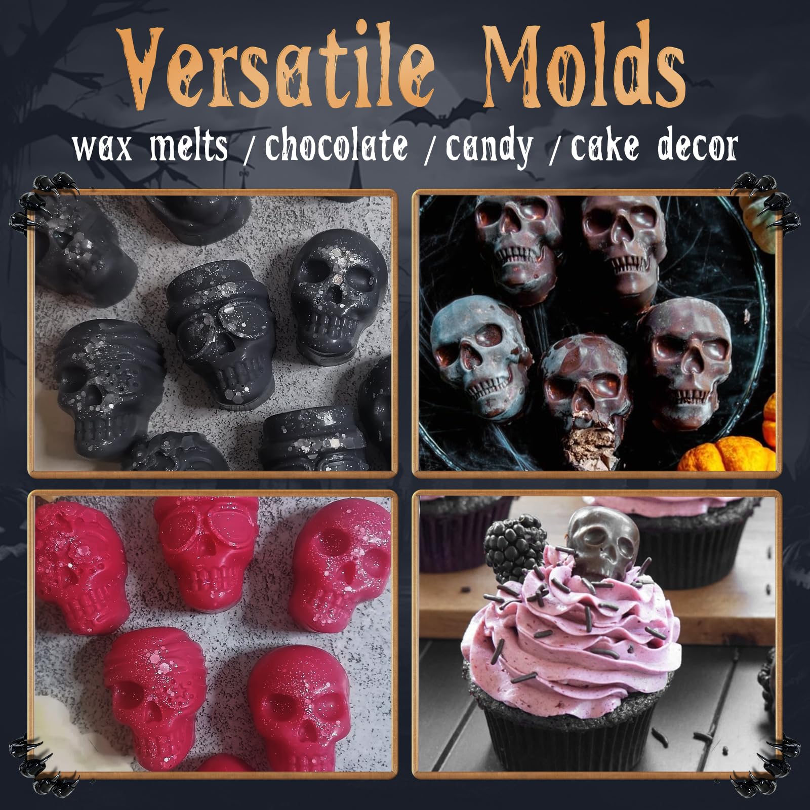 Halloween Skull Silicone Molds 2-Pack - 10 Cavity 3D Chocolate Candy Molds, Wax Melts & Yogurt Trays - 5 Unique Skull Shapes - Food Grade, Oven & Freezer Safe - Perfect for DIY Treats, Halloween Parties & Homemade Candies (Great for Kids Baking & Spooky Dessert Decorations)