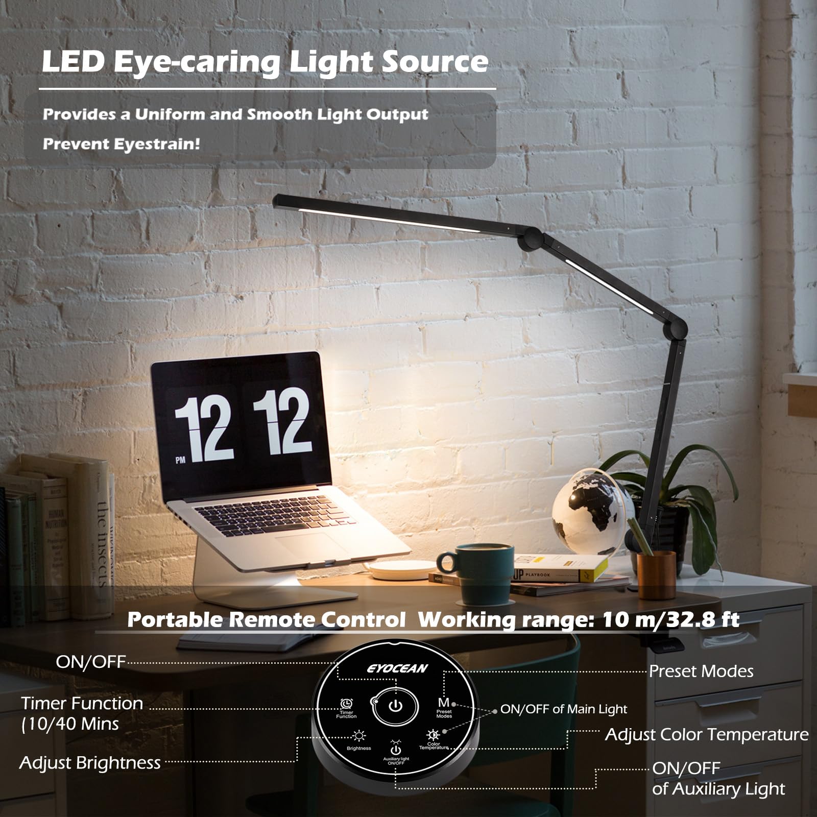 LED Desk Lamp with Clamp - Adjustable Brightness & Color Temperature, Touch Control, Memory & Timer Function, Swing Arm Architect Light for Home Office, Study, Reading, and Workstation Use
