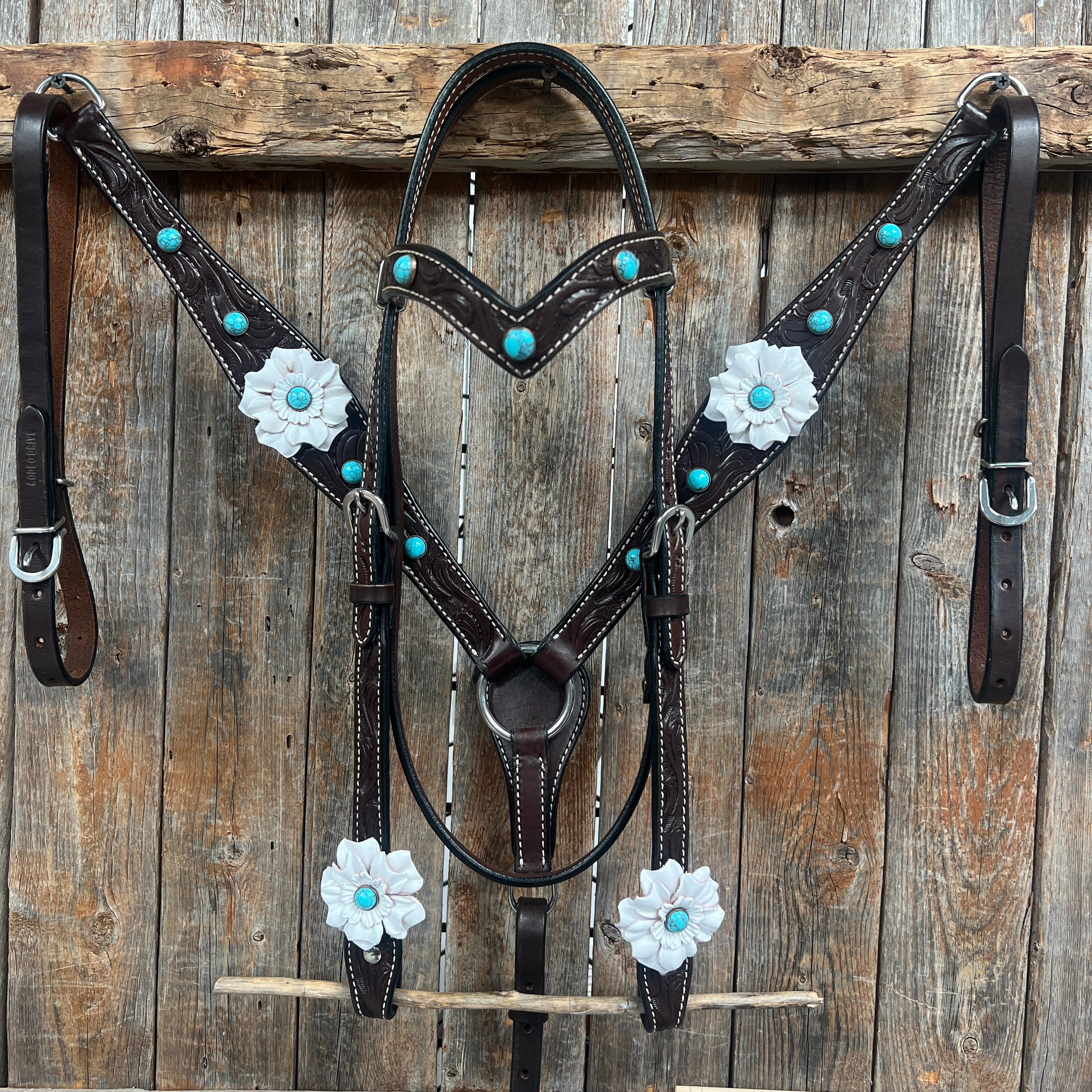 Dark Oil Floral Turquoise Cabochon Browband & Breastcollar Tack Set for Horses - Western Show Bridle Accessories | Perfect for Rodeo, Trail Riding & Equestrian Events #BBBC598