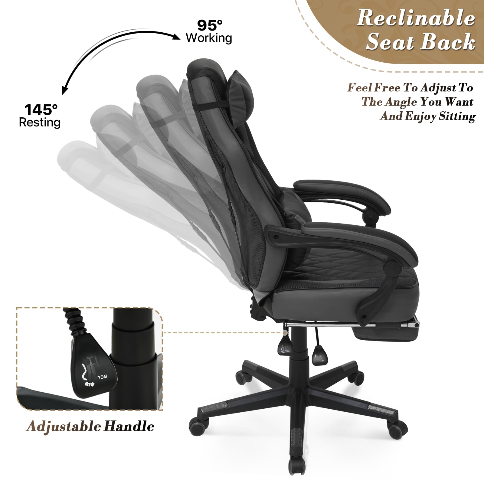 Ergonomic Gaming Chair with Footrest & Headrest Lumbar Support - Adjustable Height Swivel Computer Office Chair for Adults & Kids (Grey) - Perfect for Gaming, Working & Home Office Use