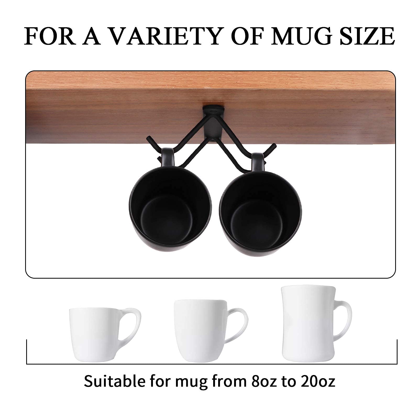 Dedoot 4-Hook Under Cabinet Mug Holder Set of 2 - Black Metal Coffee Cup Rack for Mugs, Cups & Kitchen Utensils - Perfect for Small Kitchen Organization & Space Saving Storage