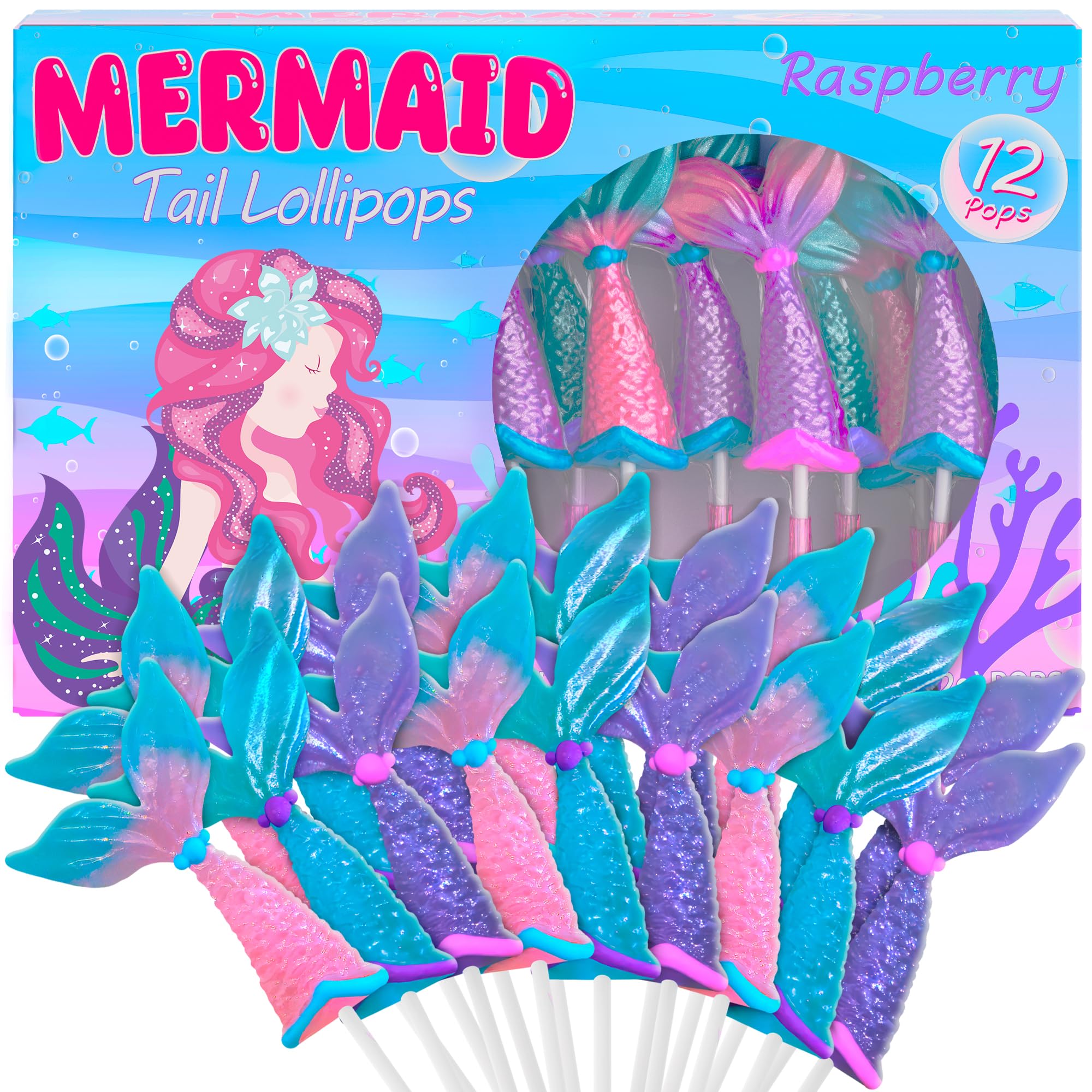 12-Pack Mermaid Candy Lollipops - Mermaid Tail Shaped Party Favors & Birthday Supplies - Sweet Mermaid Themed Snacks for Kids Parties, Baby Showers & Beach Events