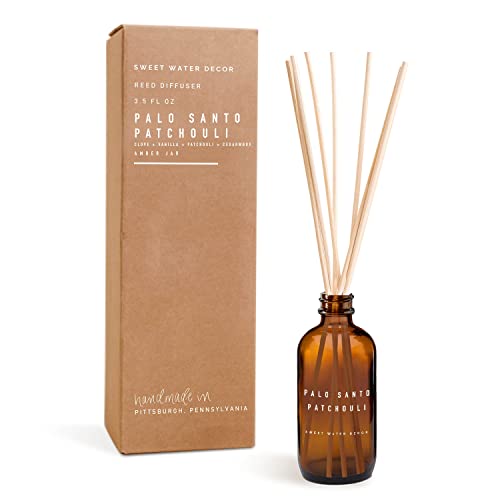 Sweet Water Decor Palo Santo Patchouli Amber Reed Diffuser Set - Clove, Vanilla, Sandalwood Essential Oil Scented Diffuser | Natural Air Freshener for Home, Office & Spa | Relaxing Aromatherapy Gift for Stress Relief & Housewarming