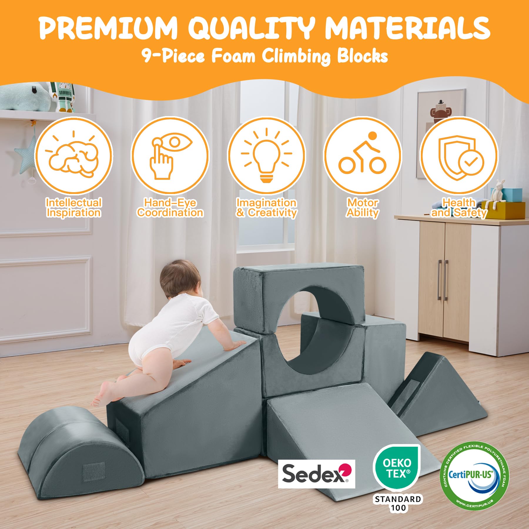 COOLBEBE 9-Piece Foam Climbing Blocks for Toddlers 1-3 Years - Soft Baby Play Gym Set for Indoor Climbing, Crawling & Motor Skills Development - Perfect Birthday Gift for Active Playtime & Early Learning