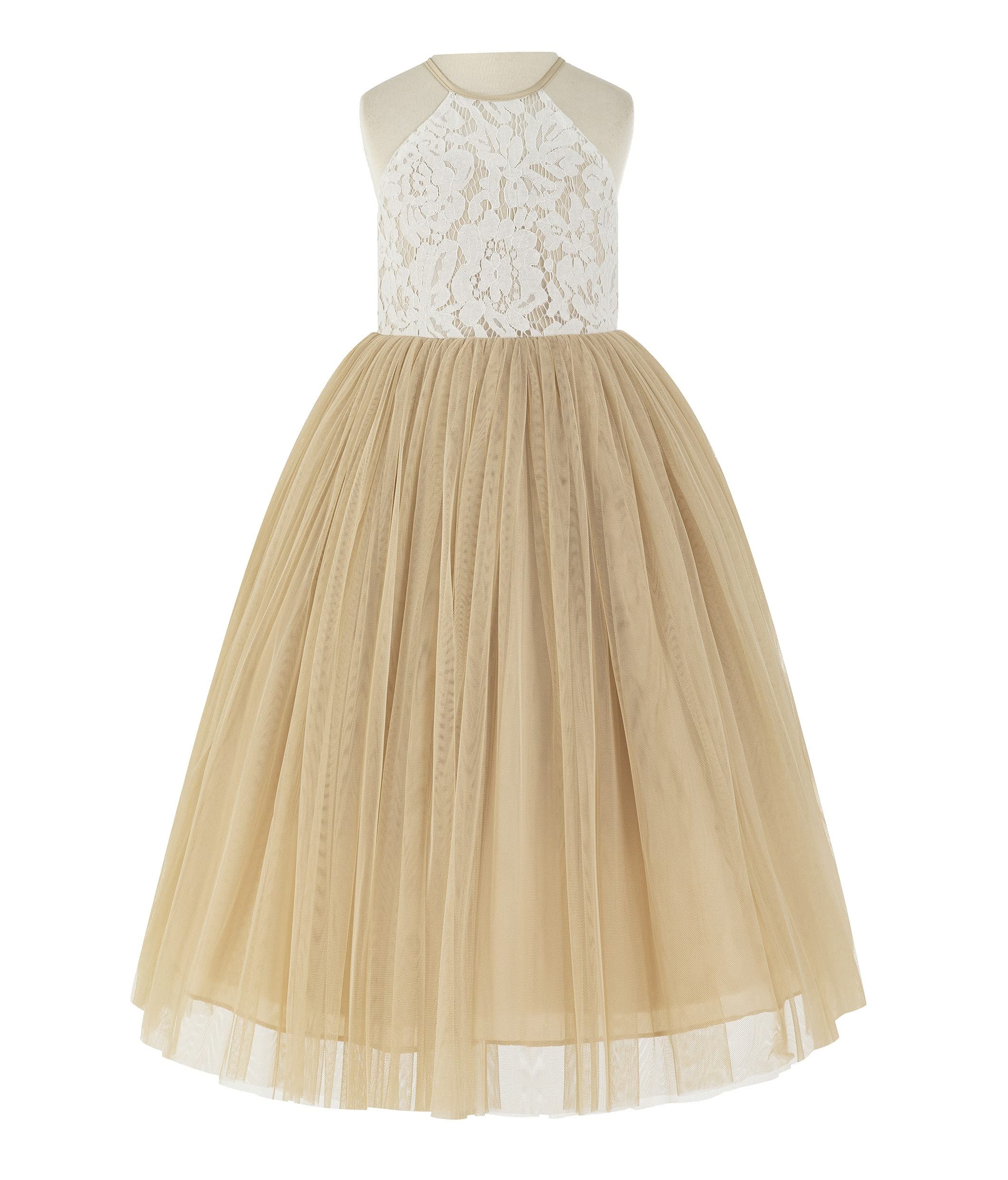 Elegant Lace Halter Flower Girl Dress with Open Back for Weddings & Pageants - Formal Princess Gown for Girls (Style 213) | Perfect for Flower Girls, Baptisms & Special Occasions