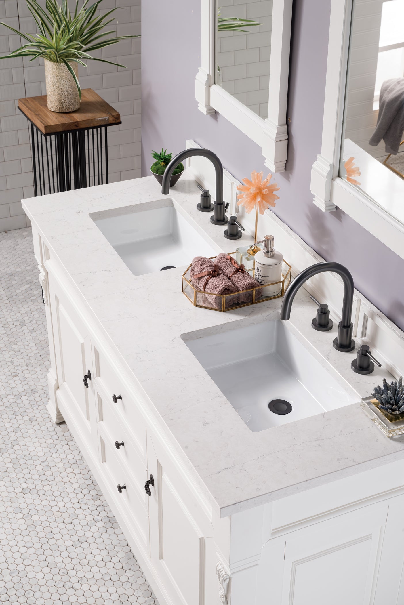 Brookfield 60 Inch Double Vanity with 3CM Eternal Jasmine Pearl Quartz Top in Bright White - Perfect for Modern Bathroom Renovations and Master Suites